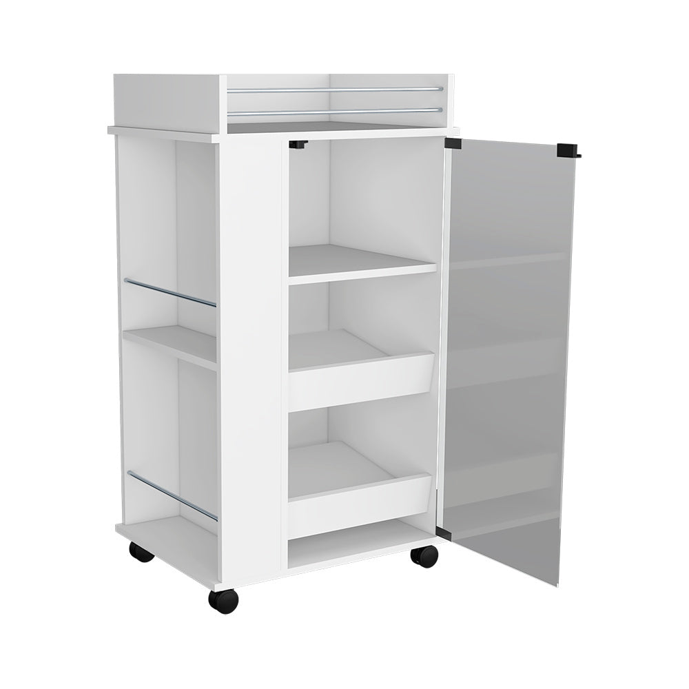 Bar Cart with Two-Side Shelves Beaver, Glass Door and Upper Surface, White Finish