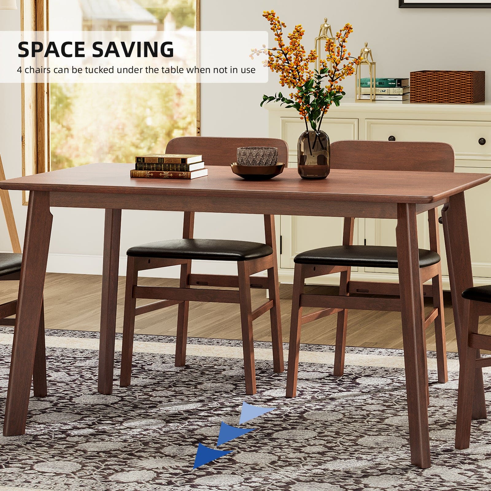 5 Pieces Dining Table Set 1 Dining Table and 4 Chairs Rustic Retro Solid RubberWood Table and Breakfast Upholstered Stools for Home Kitchen Dining Room