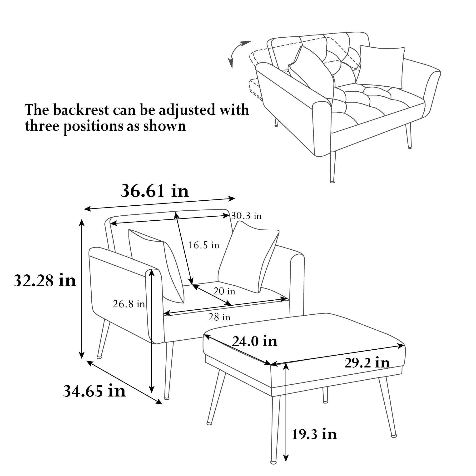 36.61'' Wide Modern Accent Chair With 3 Positions Adjustable Backrest, Tufted Chaise Lounge Chair, Single Recliner Armchair With Ottoman And Gold Legs For Living Room, Bedroom (Ivory)