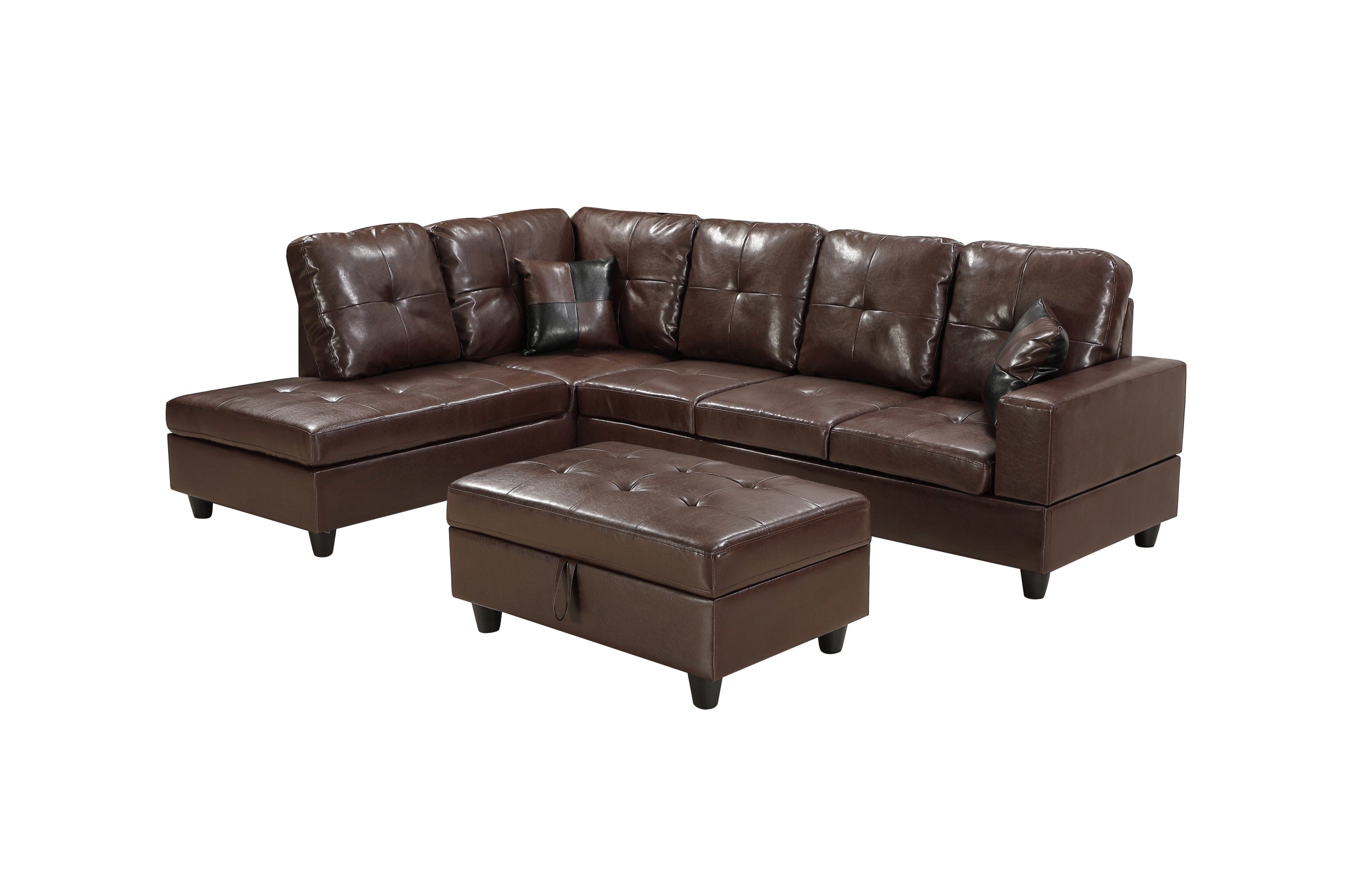 3 PC Sectional Sofa Set, (Brown) Faux Leather Right -Facing Chaise with Free Storage Ottoman