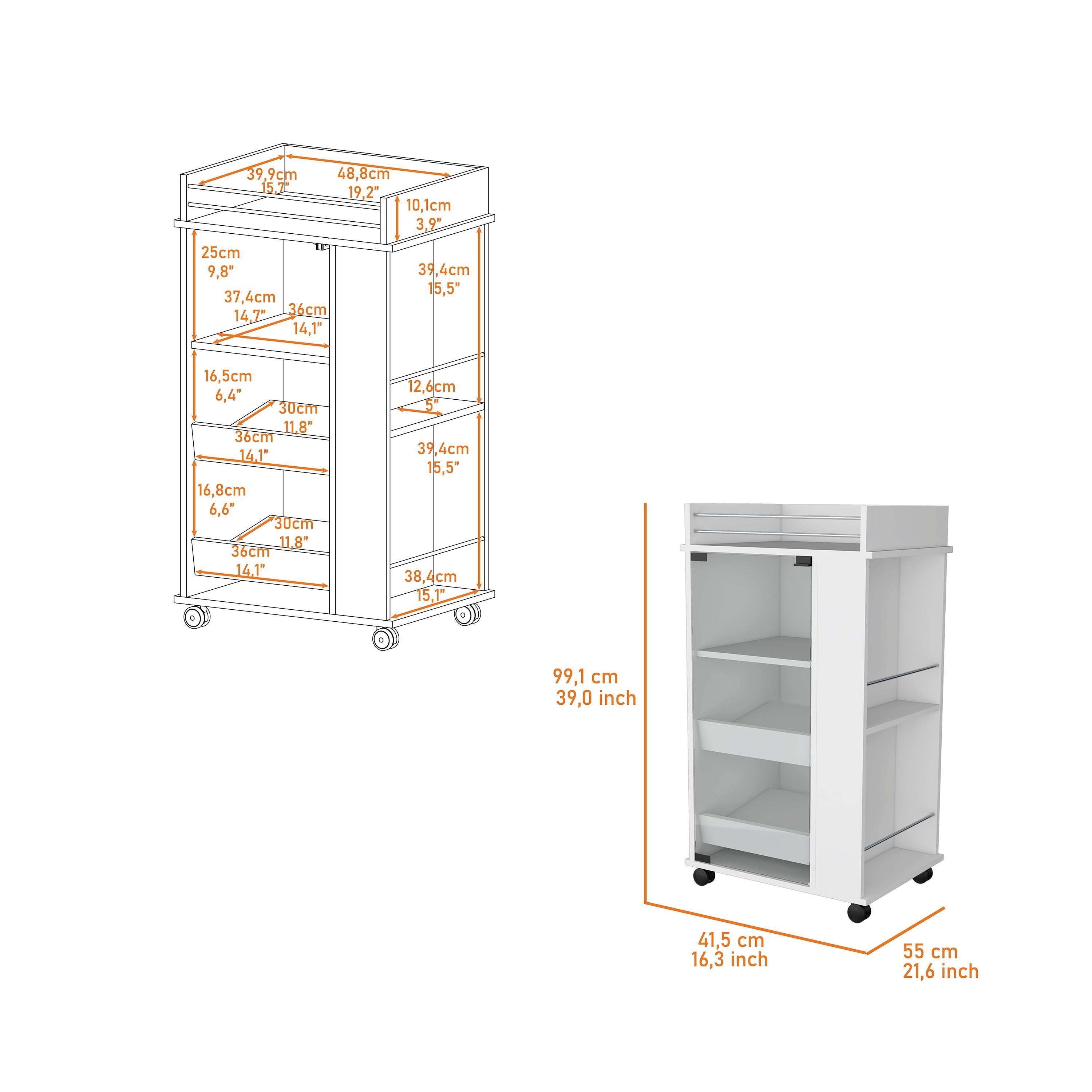 Willow Park Glass Door Bar Cart with Bottle Holder and Casters White