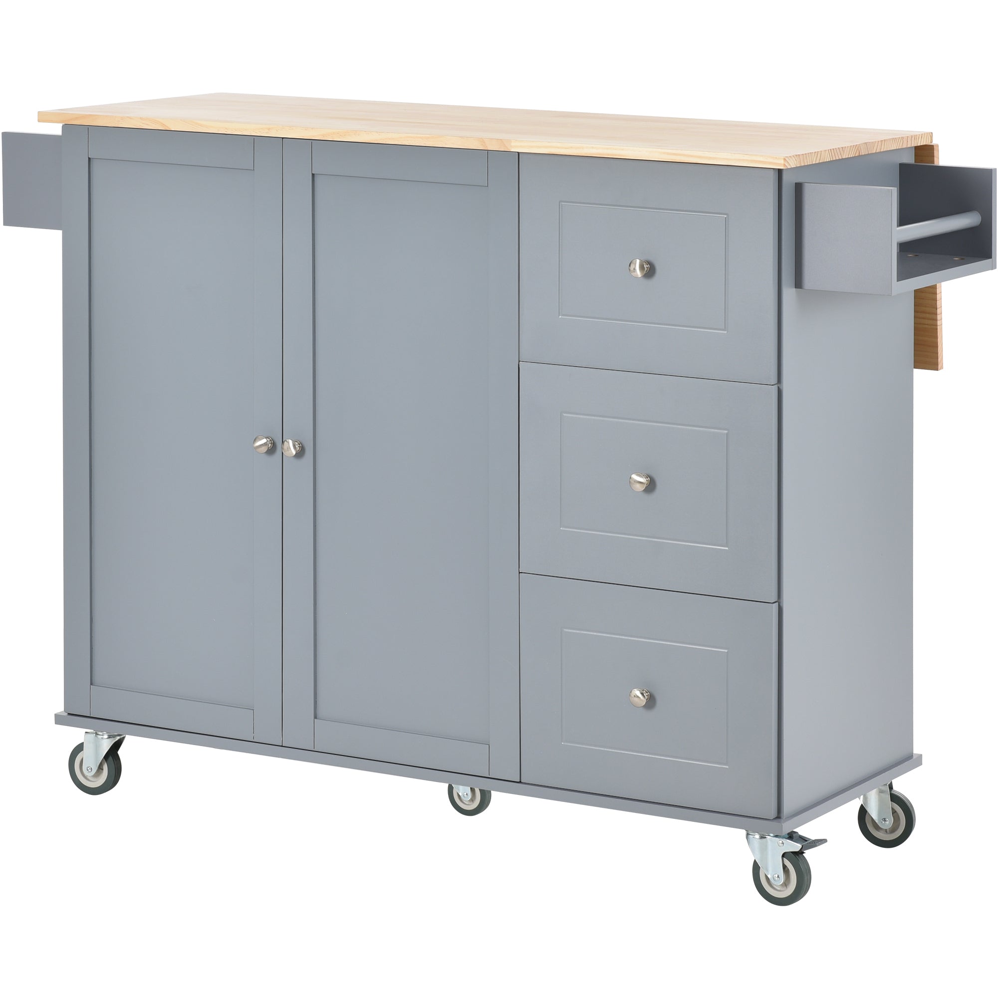 Rolling Mobile Kitchen Island with Solid Wood Top and Locking Wheels,52.7 Inch Width,Storage Cabinet and Drop Leaf Breakfast Bar,Spice Rack, Towel Rack & Drawer (Grey Blue)