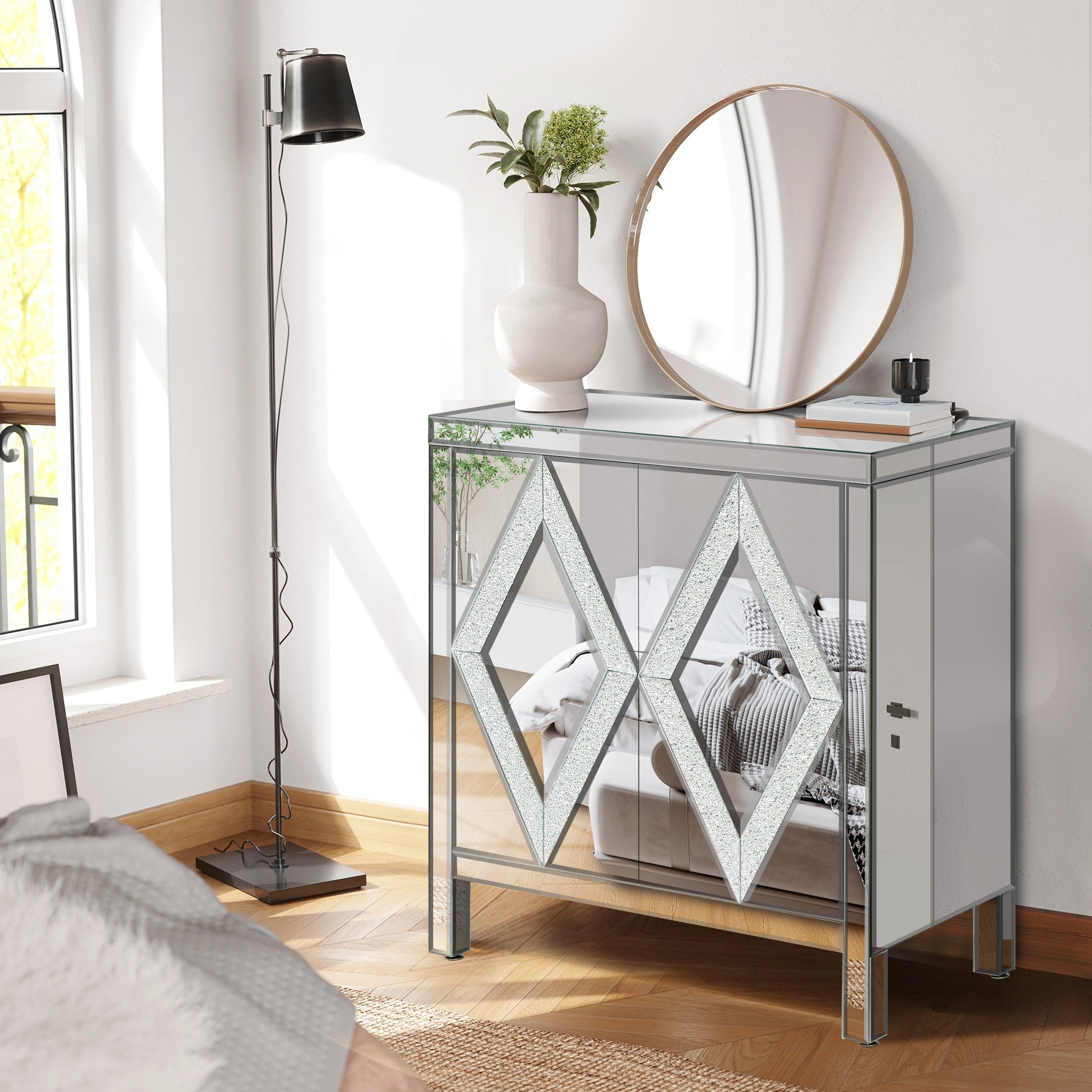 Storage Cabinet with Mirror Trim and Diamond Shape Design, Silver ,for Living Room, Dining Room, Entryway, Kitchen