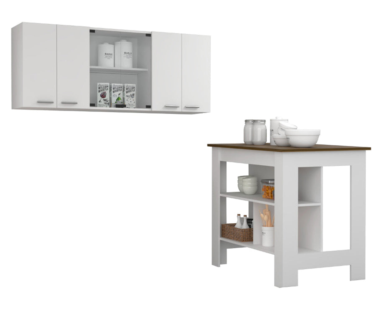 Briargate 2-Piece Kitchen Set, Kitchen Island and Wall Cabinet, White and Walnut