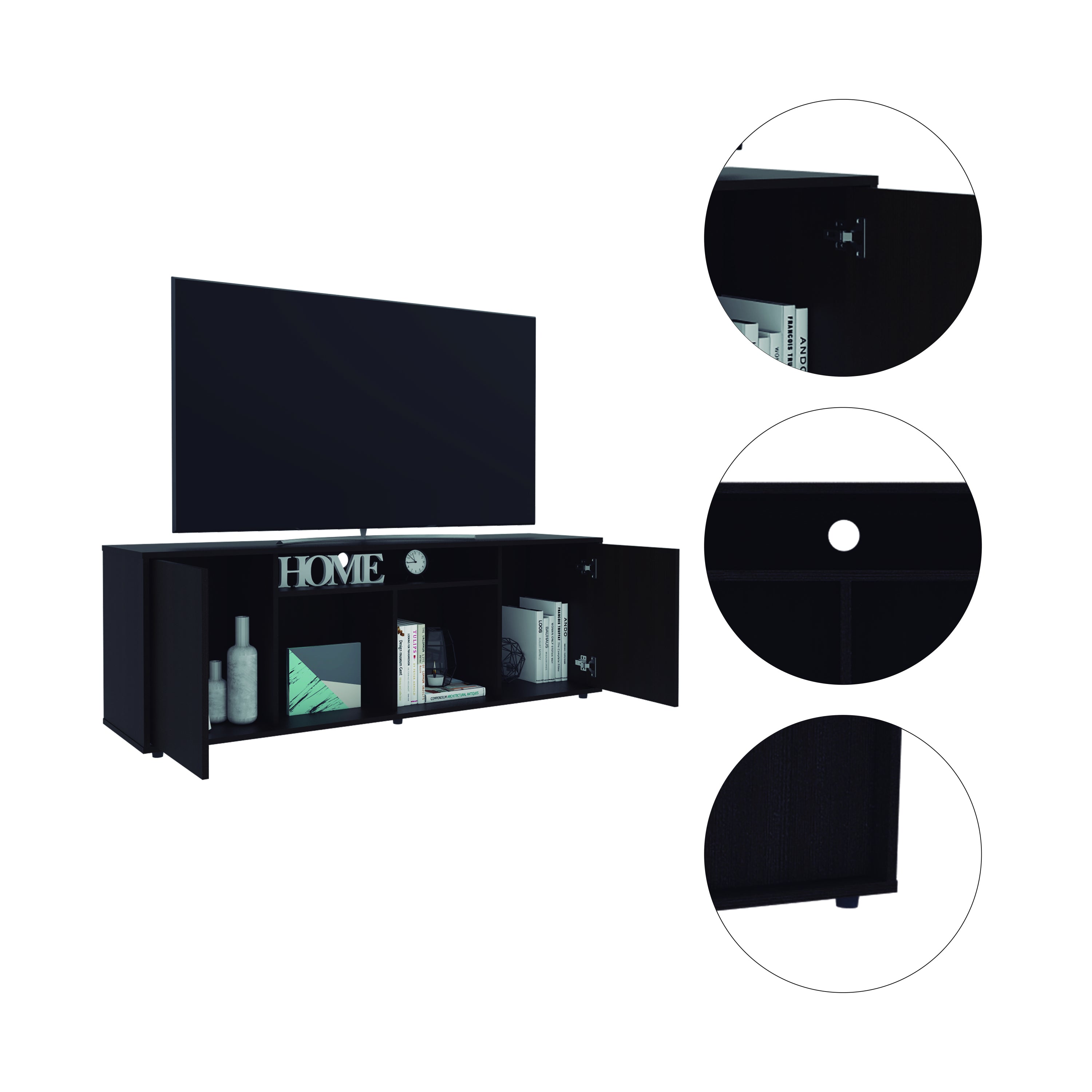 Prana Tv Stand fot TV´s up 60" Four Shelves, Two Cabinets With Single Door -Black