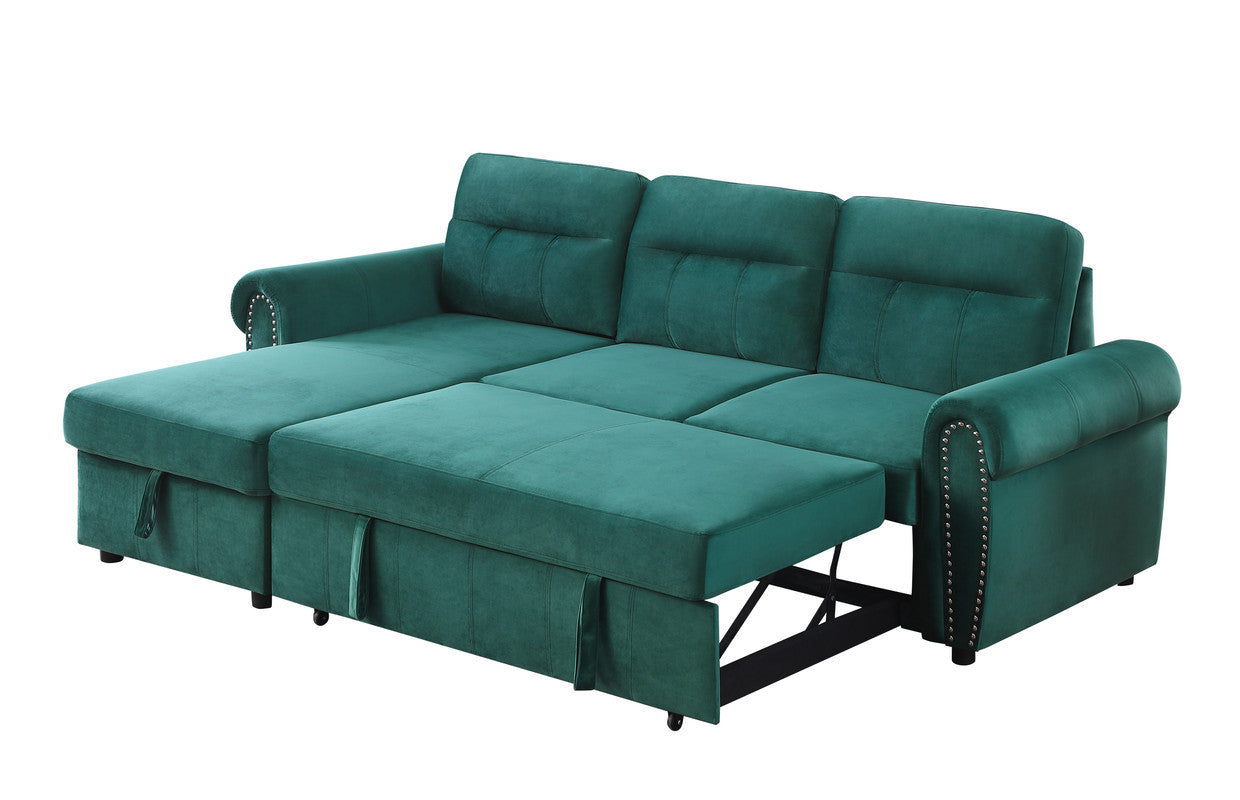 Ashton Green Velvet Fabric Reversible Sleeper Sectional Sofa Chaise