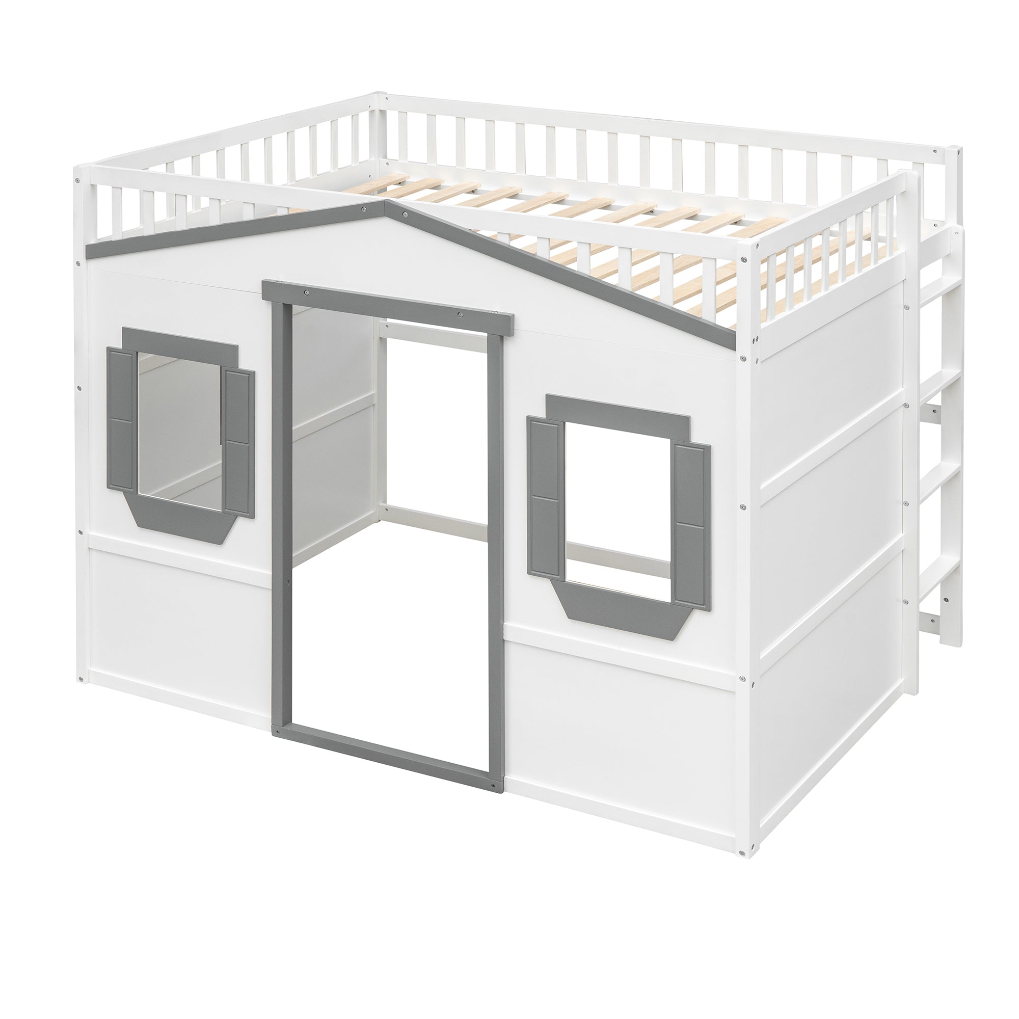 Full Size House Loft Bed With Ladder-White+Gray Frame