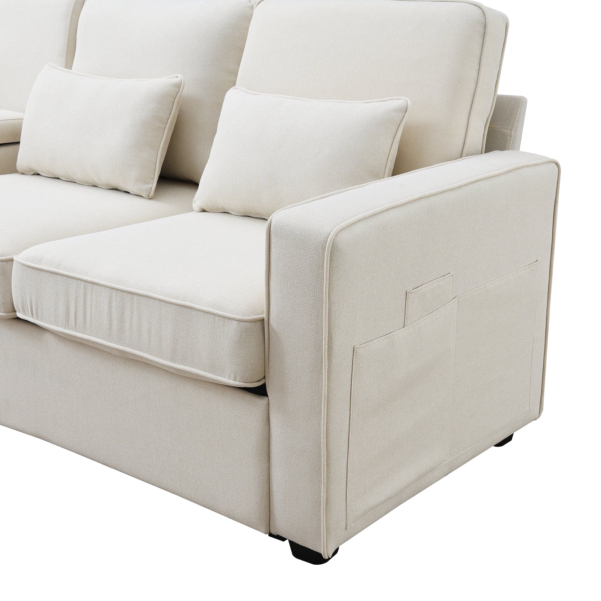 [VIDEO provided] [New] 114.2" Upholstered Sofa with Console, 2 Cupholders and 2 USB Ports Wired or Wirelessly Charged, Modern Linen Fabric Couches with 4 Pillows for Living Room, Apartment (4-Seat)