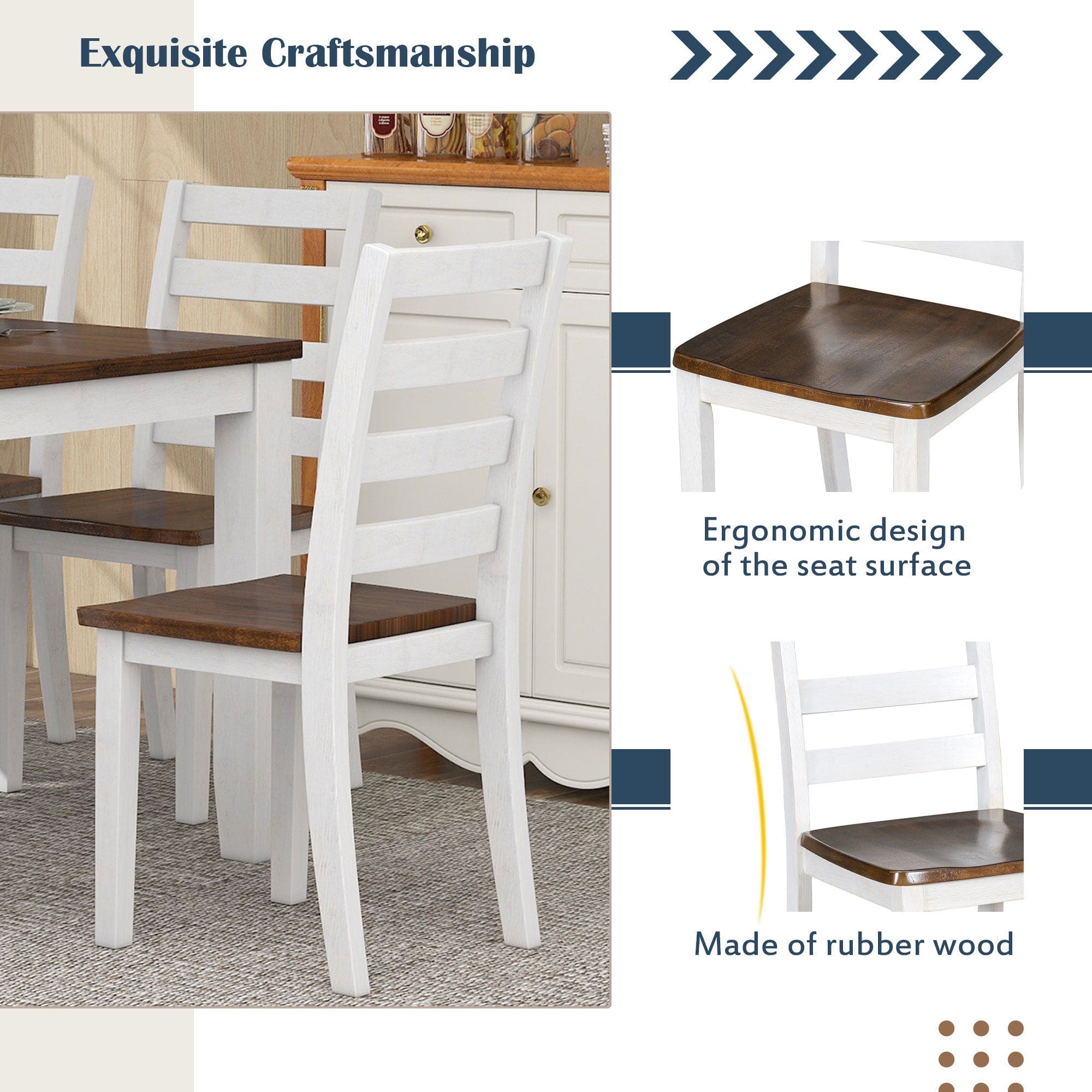 TREXM Rustic Style 6-Piece Dining Room Table Set with 4 Ergonomic Designed Chairs & a Bench (Walnut + Cottage White)