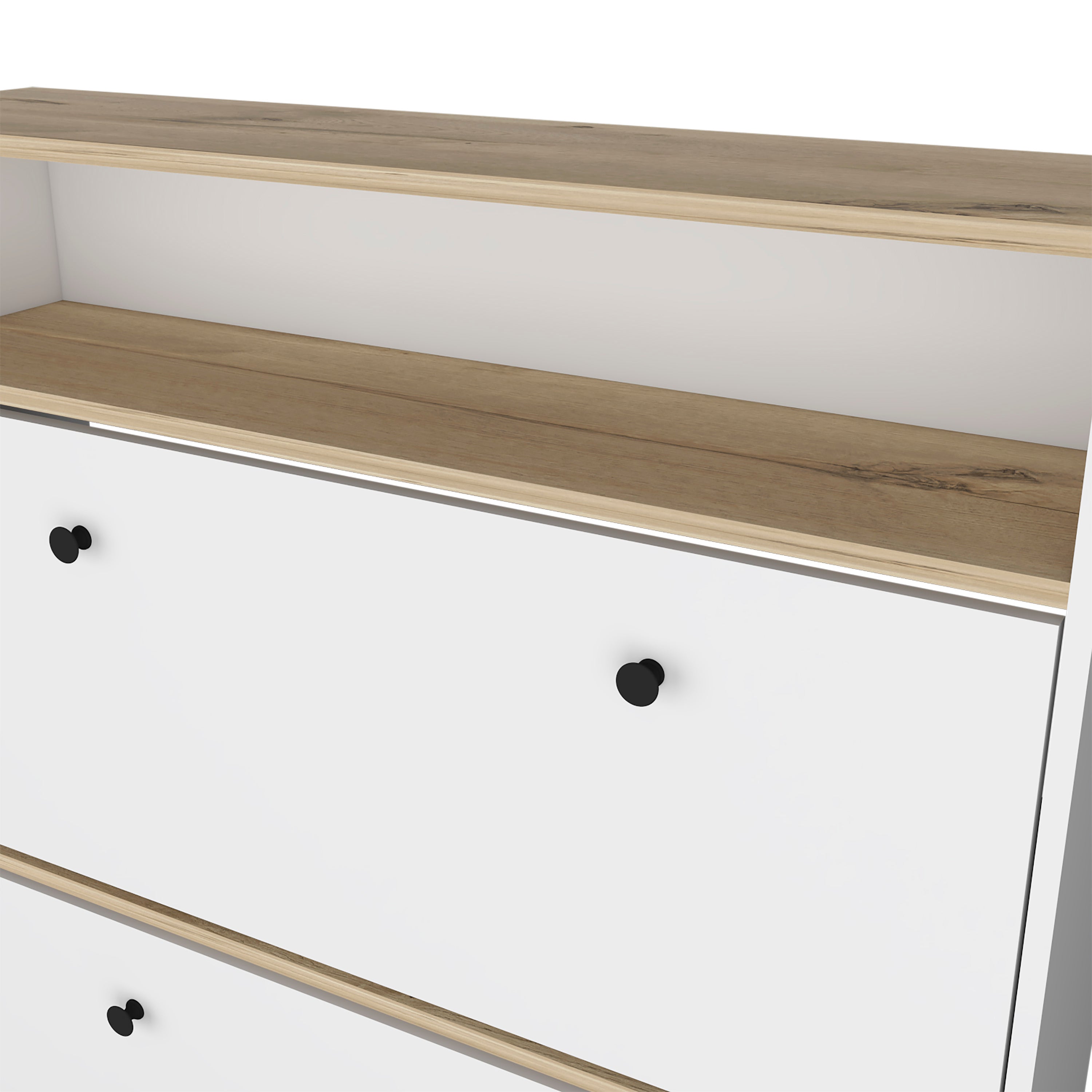 Shoe Rack Dublin, One Open Shelf, Two Extendable Cabinets, Light Oak / White Finish