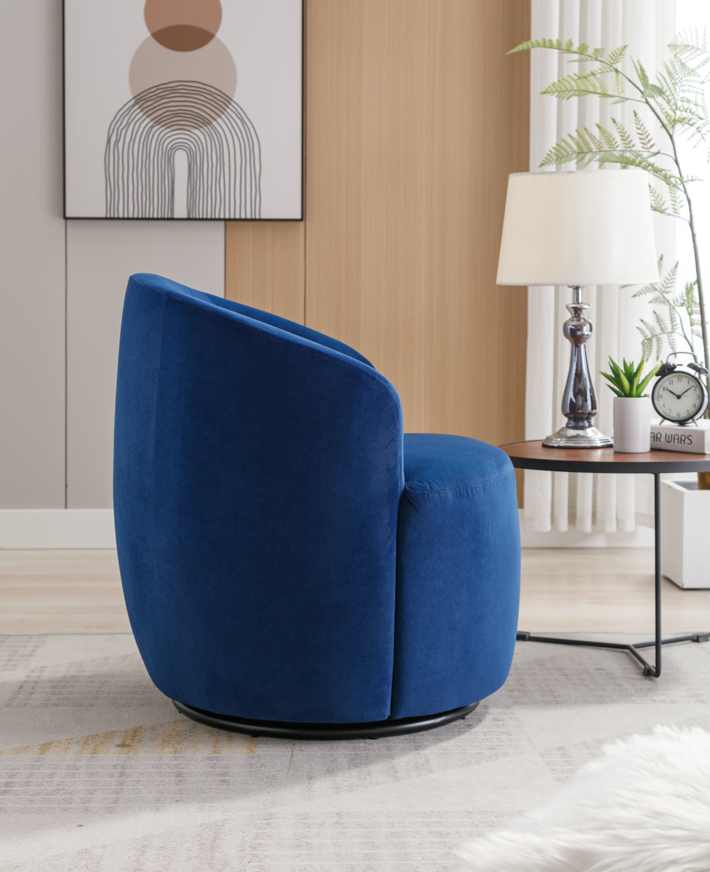 Velvet Fabric Swivel Accent Armchair Barrel Chair With Black Powder Coating Metal Ring,Blue