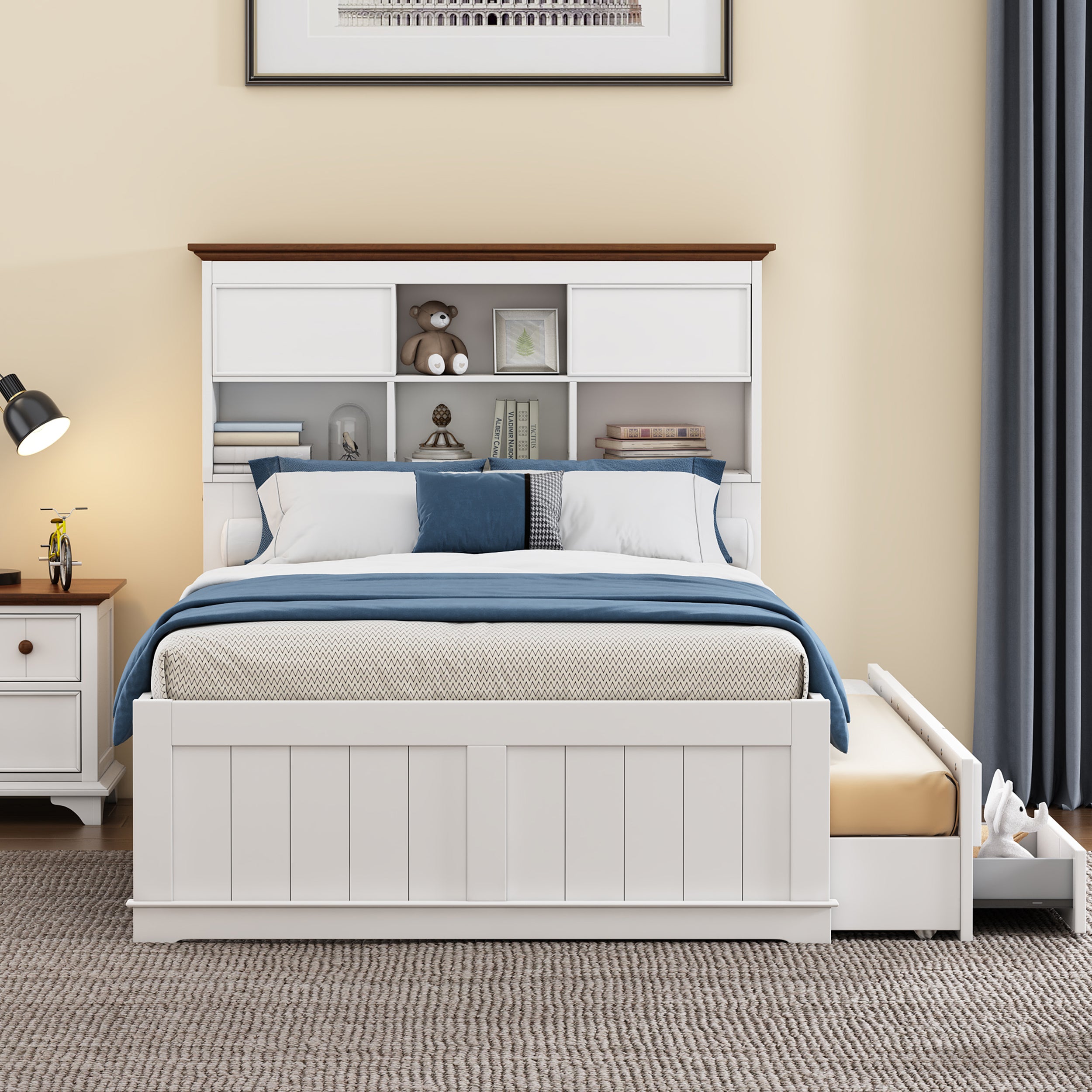 2 Pieces Wooden Captain Bedroom Set Full Bed with Trundle and Nightstand,White+Walnut