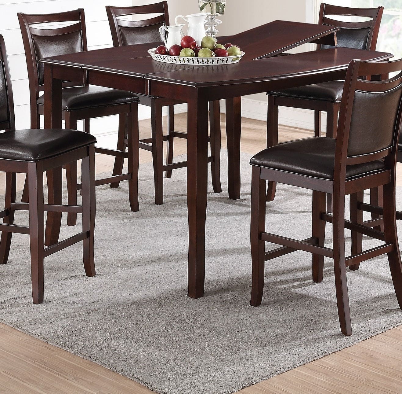 Dining Room Furniture Dark Brown Counter Height Dining Table w Butterfly Leaf 6x High Chairs Wooden Top 7pc Set Table Contemporary