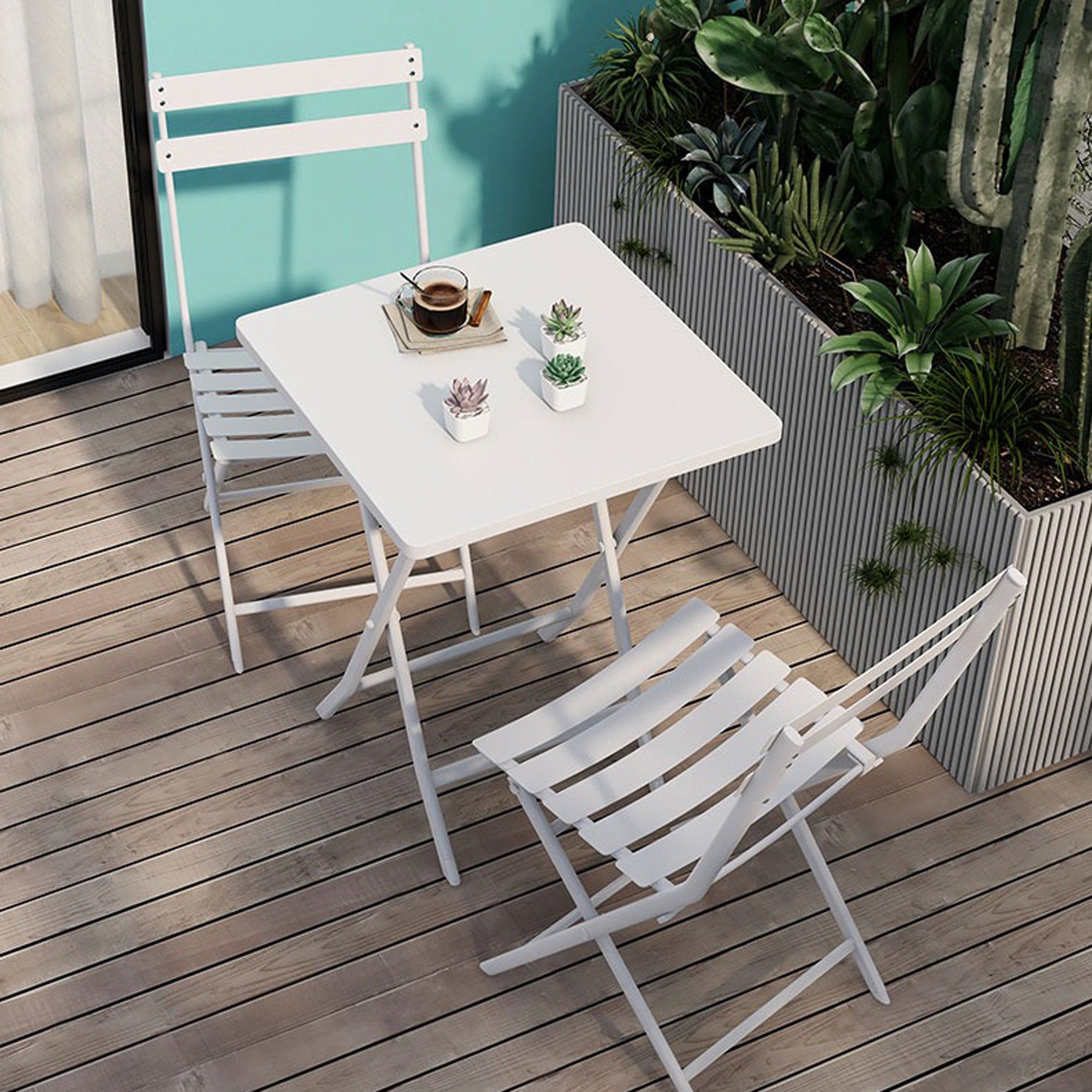 3 Piece Patio Bistro Set of Foldable Square Table and Chairs, White