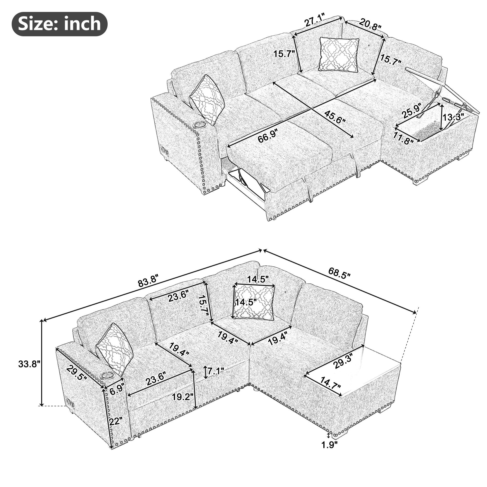 Sofa Bed L-Shaped Corner Sofa, Light Gray