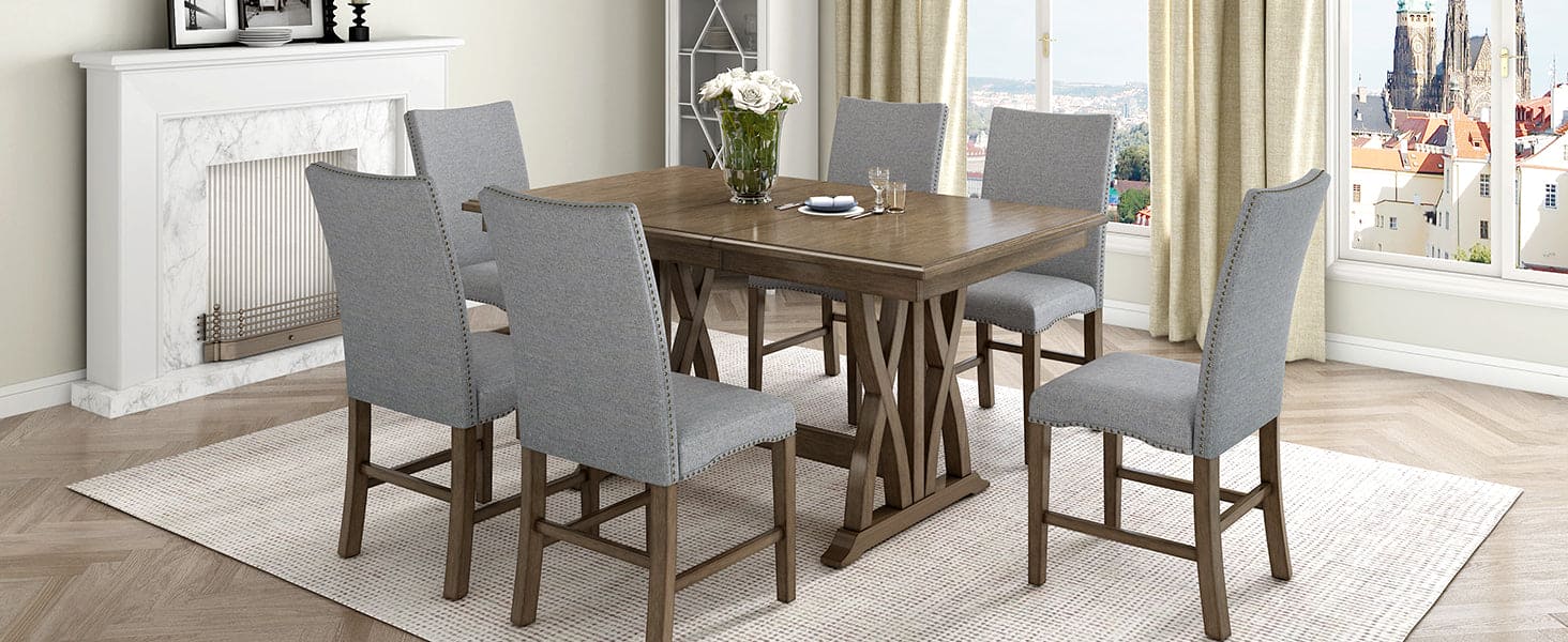 TOPMAX Mid-Century Solid Wood 7-Piece Dining Table Set Extendable Kitchen Table Set with Upholstered Chairs and 12" Leaf for 6, Golden Brown+Gray Cushion