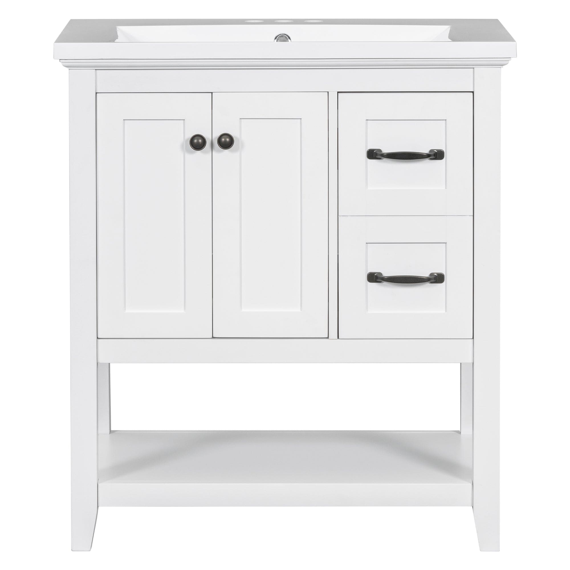 30" Bathroom Vanity with Ceramic Sink Top, Vanity Cabinet with Multi-Functional Drawer, Solid Wood Legs, White