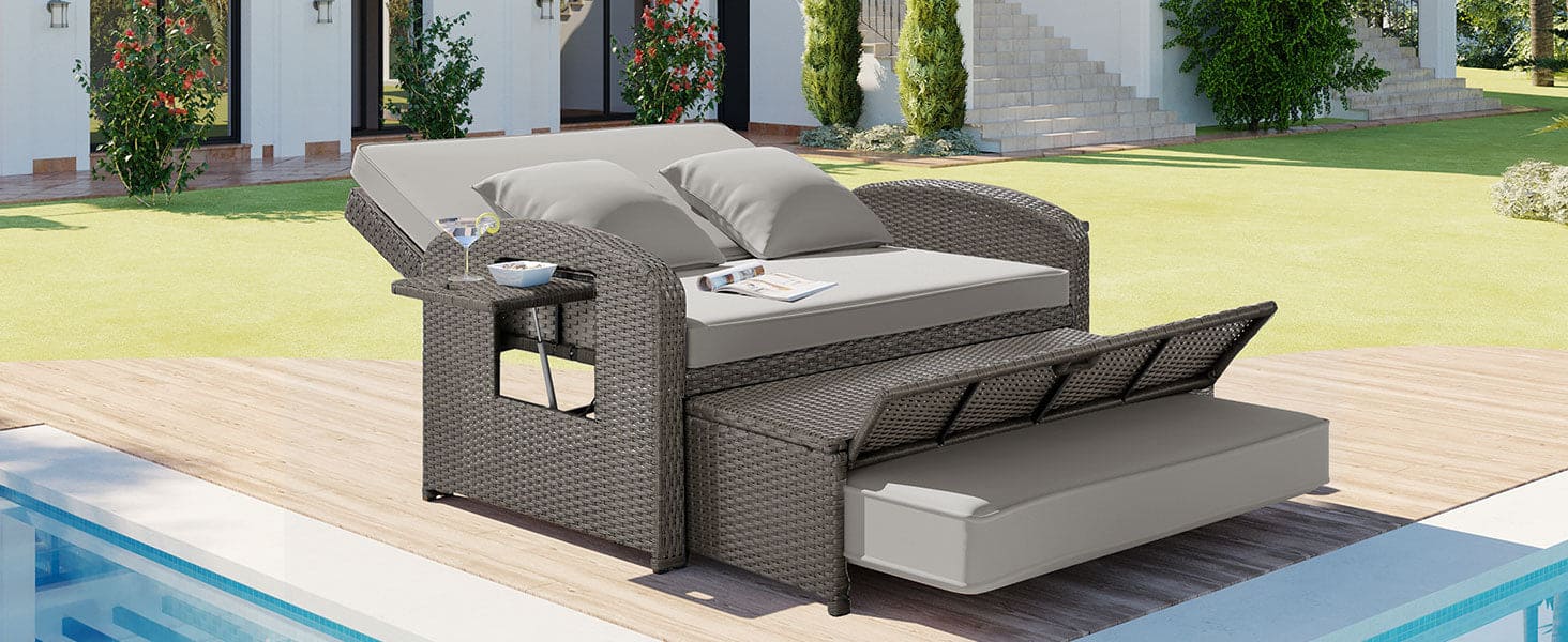 TOPMAX PE Wicker Rattan Double Chaise Lounge, 2-Person Reclining Daybed with Adjustable Back and Cushions, Free Furniture Protection Cover,Gray