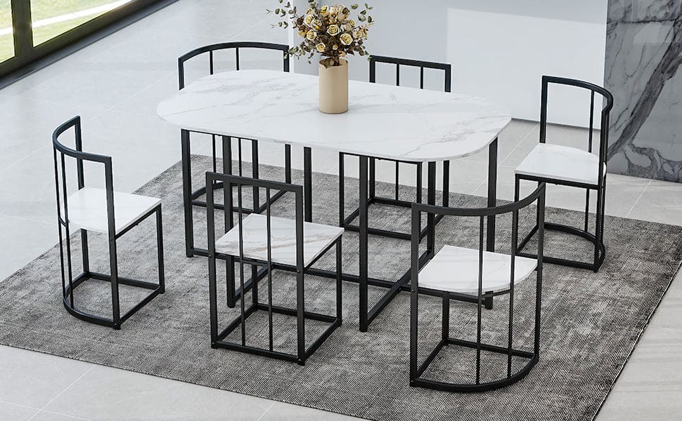 TOPMAX Modern 7-Piece Dining Table Set with Faux Marble Compact 55Inch Kitchen Table Set for 6, Black+White