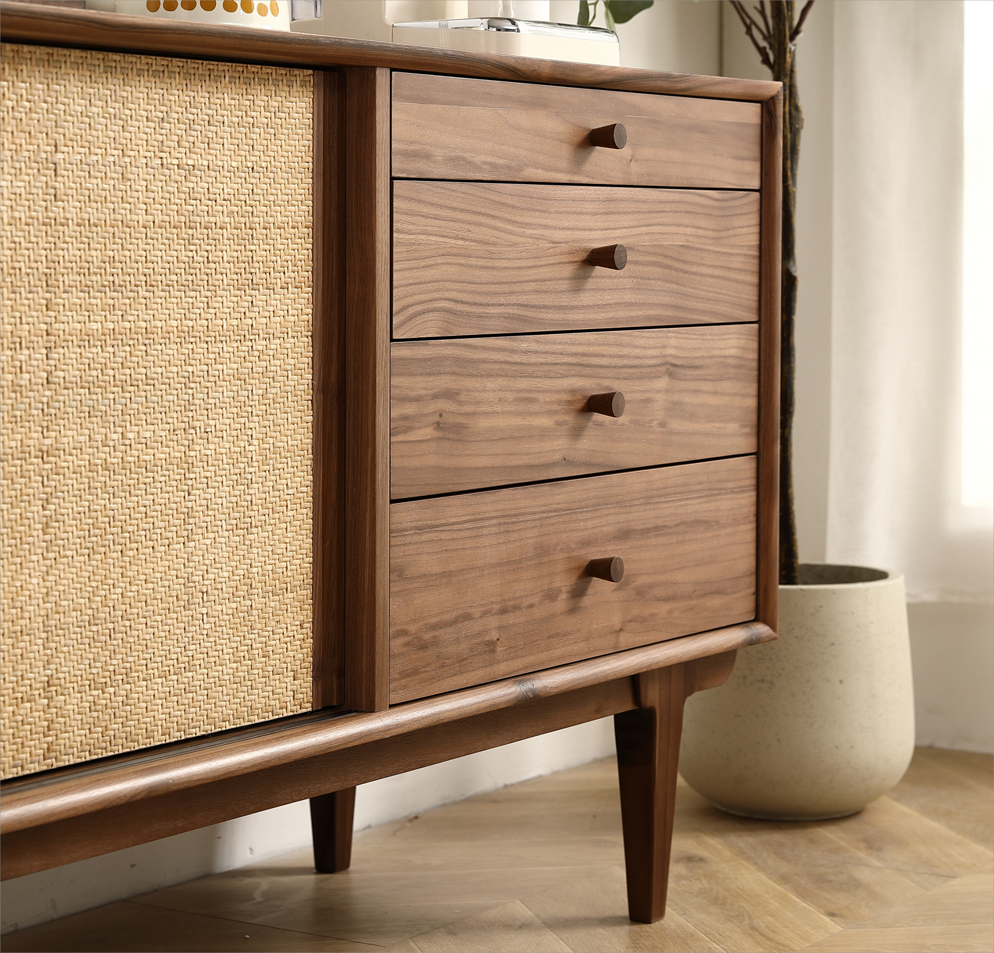 Two Door Four Drawer Cabinet with Natural Rattan Weaving - Black Walnut/Natural Vine MDF Sideboard,Sideboard Buffet Cabinet. 68.89 inch