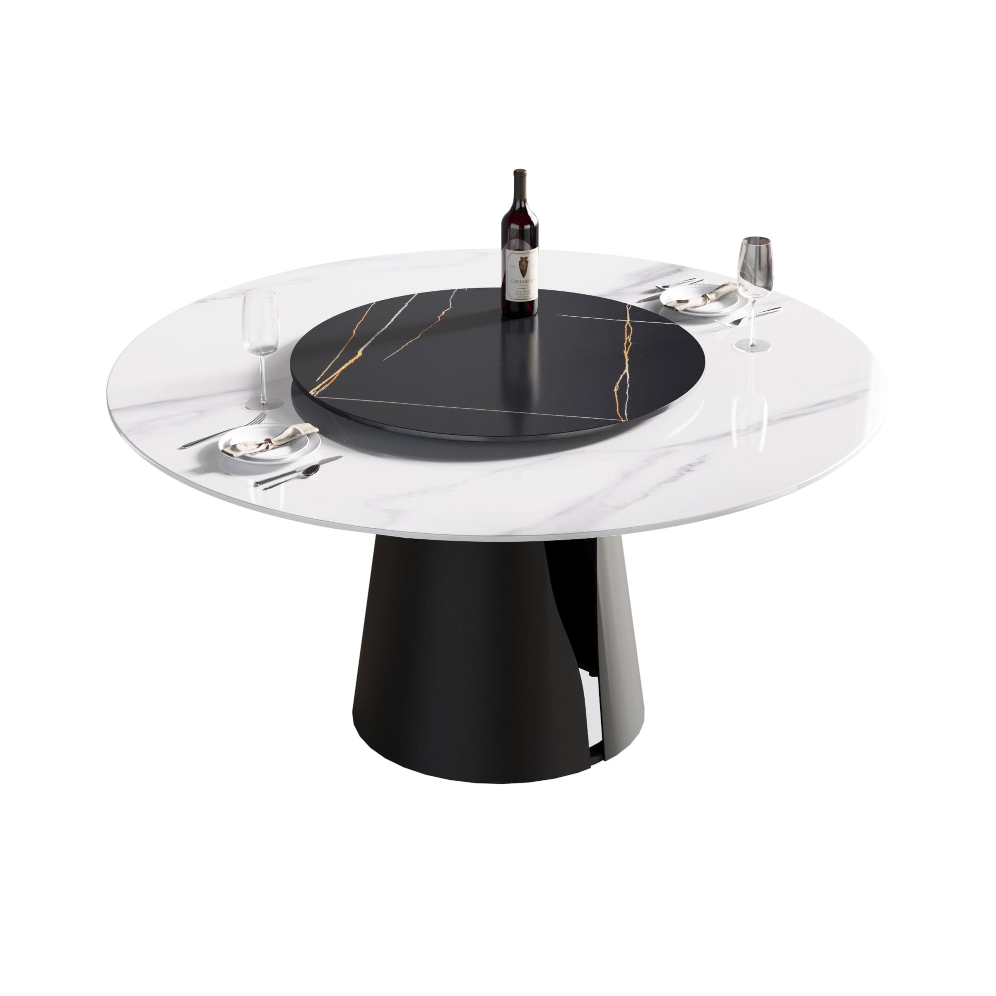 59.05"Modern artificial stone round black carbon steel base dining table-can accommodate 6 people-31.5"black artificial stone turntable