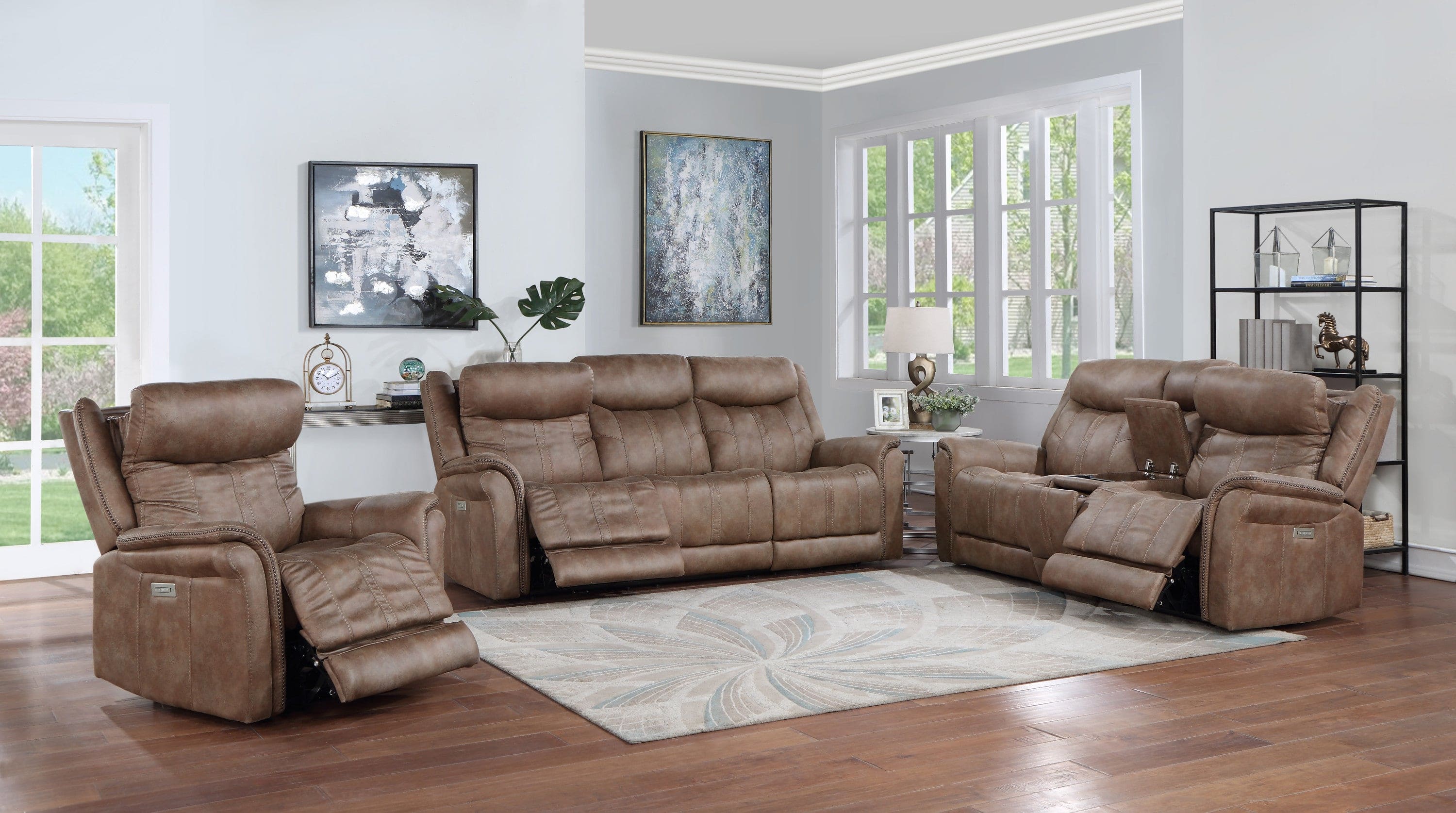 Transitional Console Loveseat - Warm Camel Faux-Suede, Power Footrest, Power Headrest - Concealed Cupholders, Built-In Console