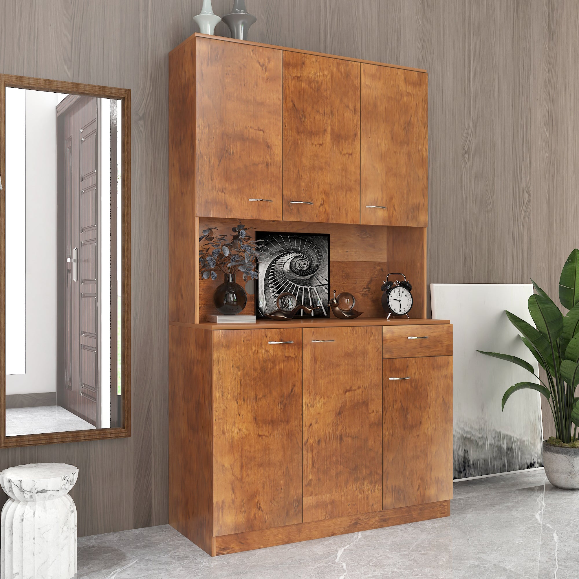 70.87" Tall Wardrobe& Kitchen Cabinet, with 6-Doors, 1-Open Shelves and 1-Drawer for bedroom,Walnut