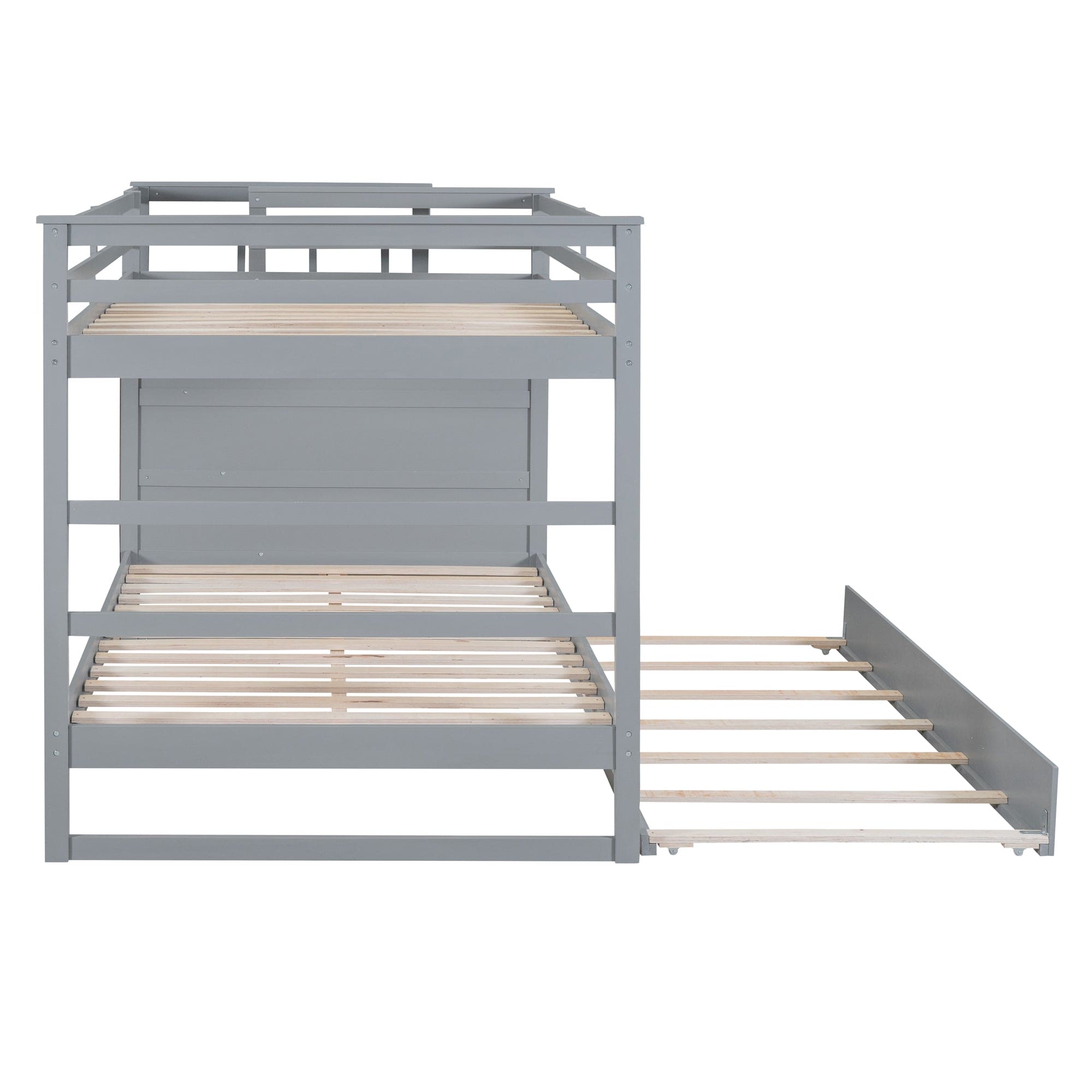 Full Over Full Bunk Bed with Twin Size Trundle and Staircase, Gray