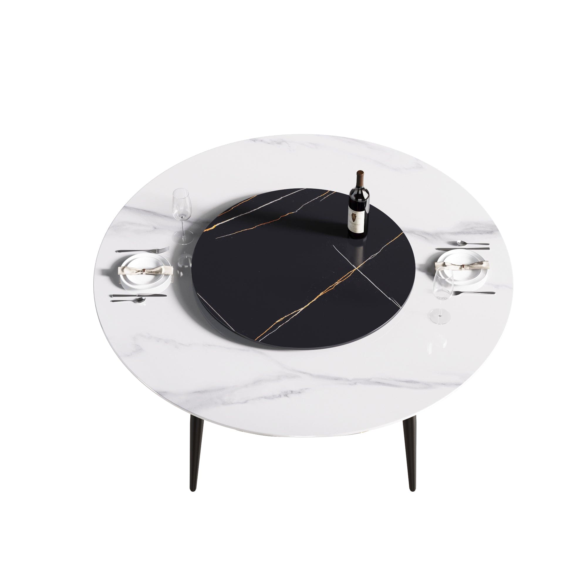 59.05"Modern artificial stone round black metal dining table-can accommodate 6 people-31.5"black artificial stone turntable