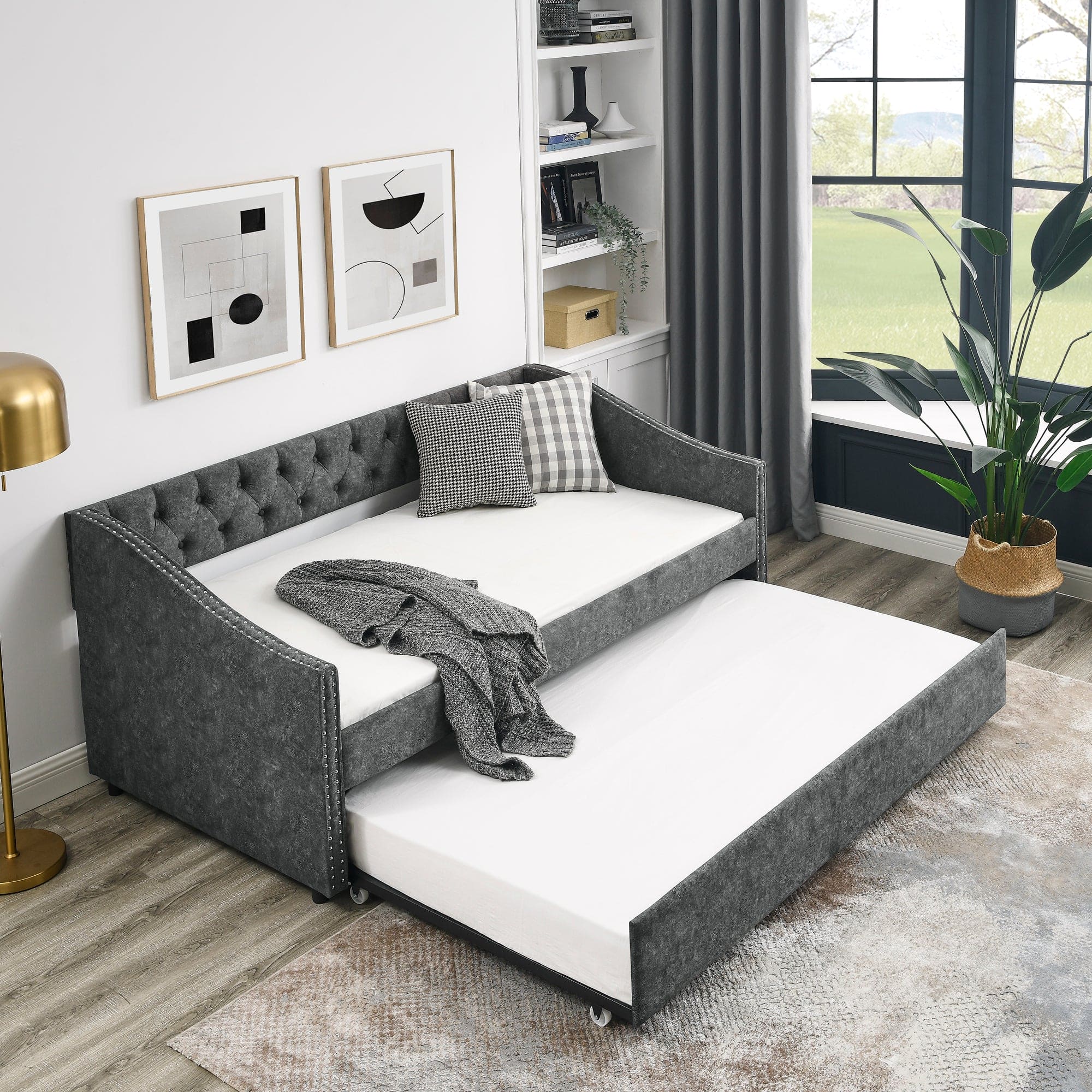 Twin Size Daybed with Twin Size Trundle Upholstered Tufted Sofa Bed, with Button on Back and Copper Nail on Waved Shape Arms, Grey (80.5"x41"x30.5")