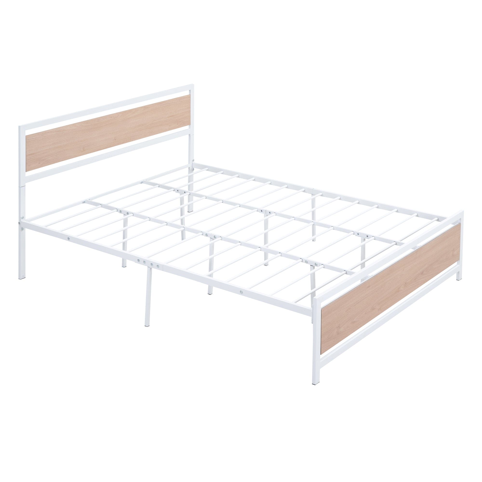 Queen Size Platform Bed, Metal and Wood Bed Frame with Headboard and Footboard , White