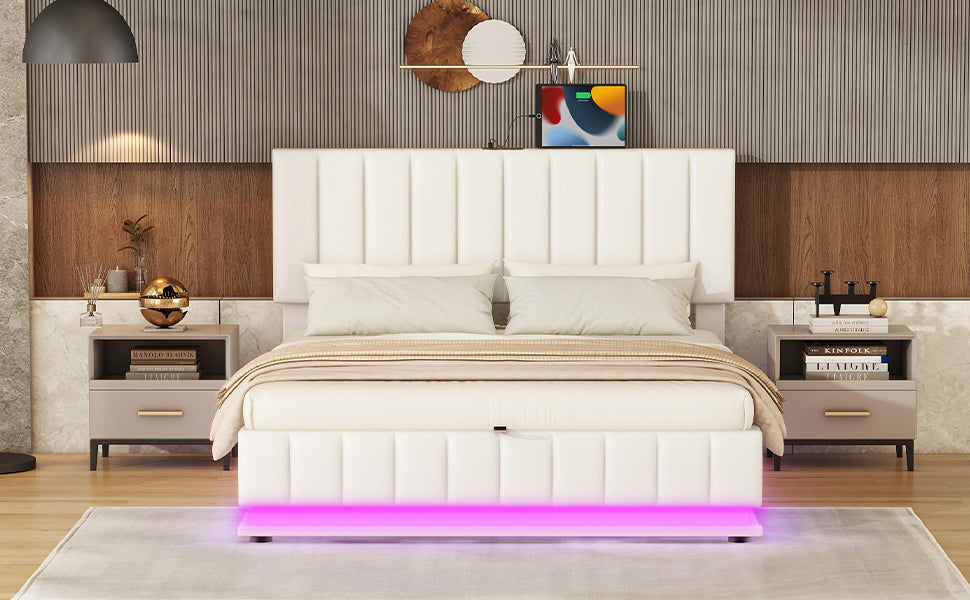 Queen Size Upholstered Bed with Hydraulic Storage System and LED Light, Modern Platform Bed with Sockets and USB Ports, White