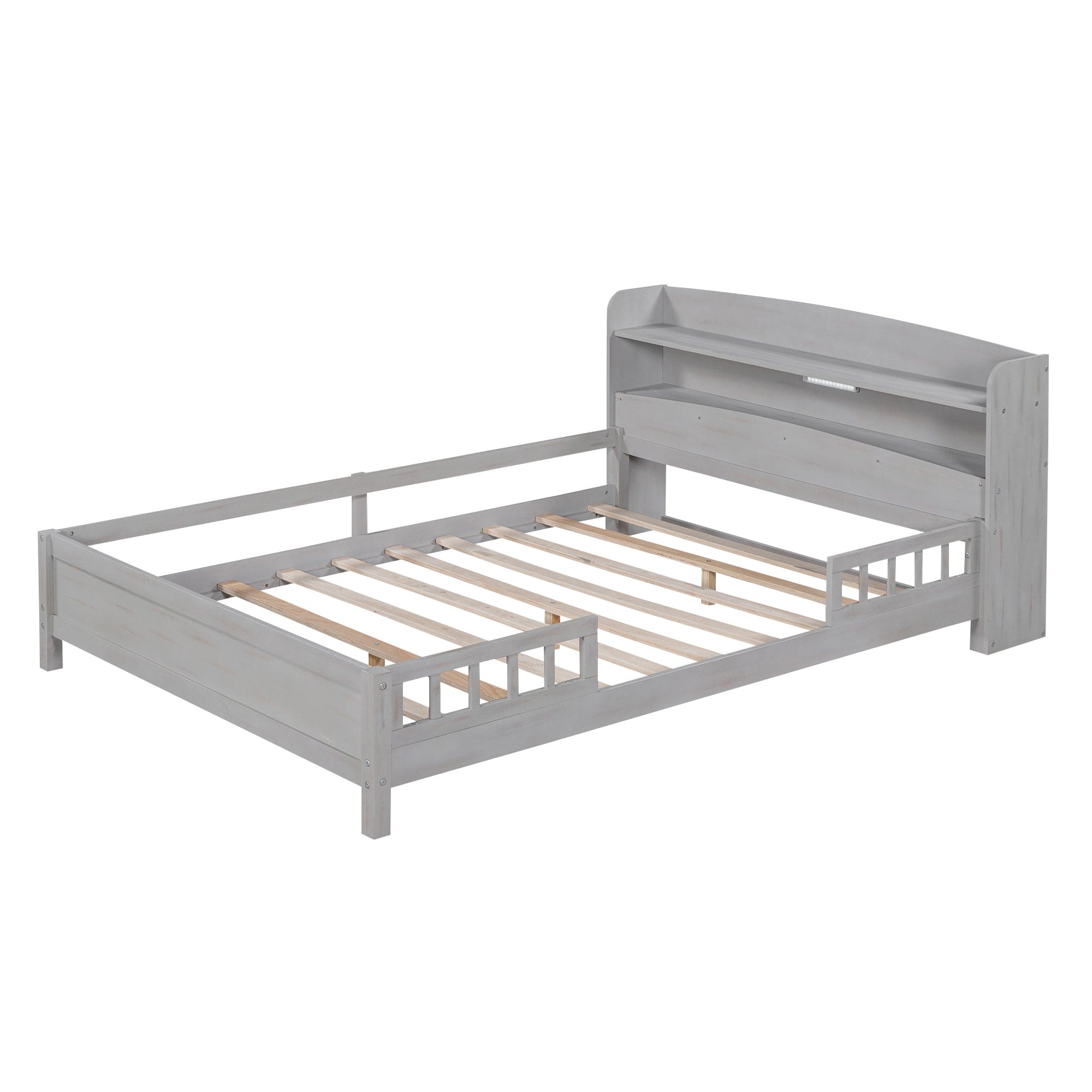 Wood Full Size Platform Bed with Built-in LED Light, Storage Headboard and Guardrail, Antique Grey