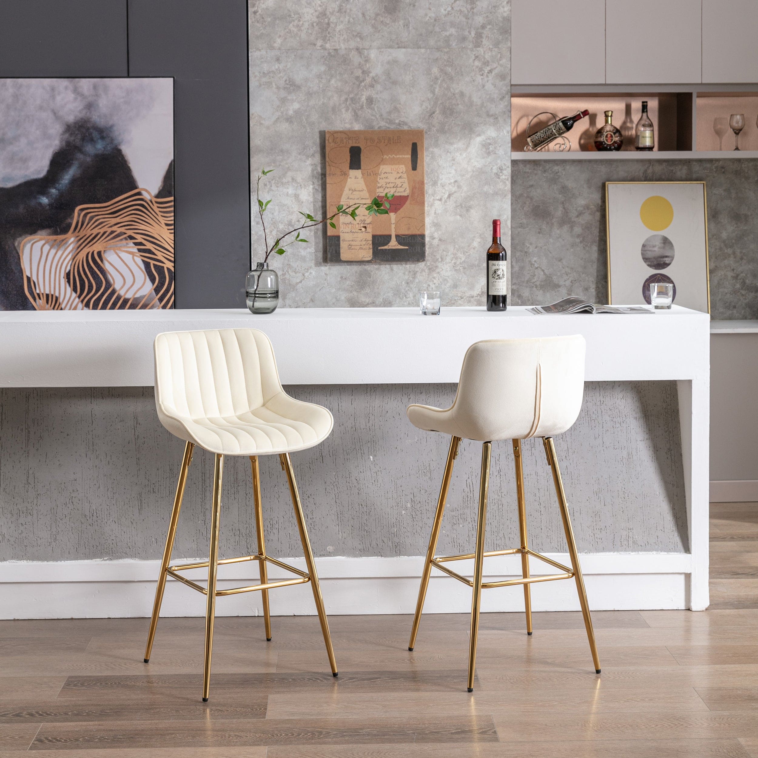 30 inch Set of 2 Bar Stools,with Chrome Footrest Velvet Fabric Counter Stool Golden Leg Simple High Bar Stool,CREAM