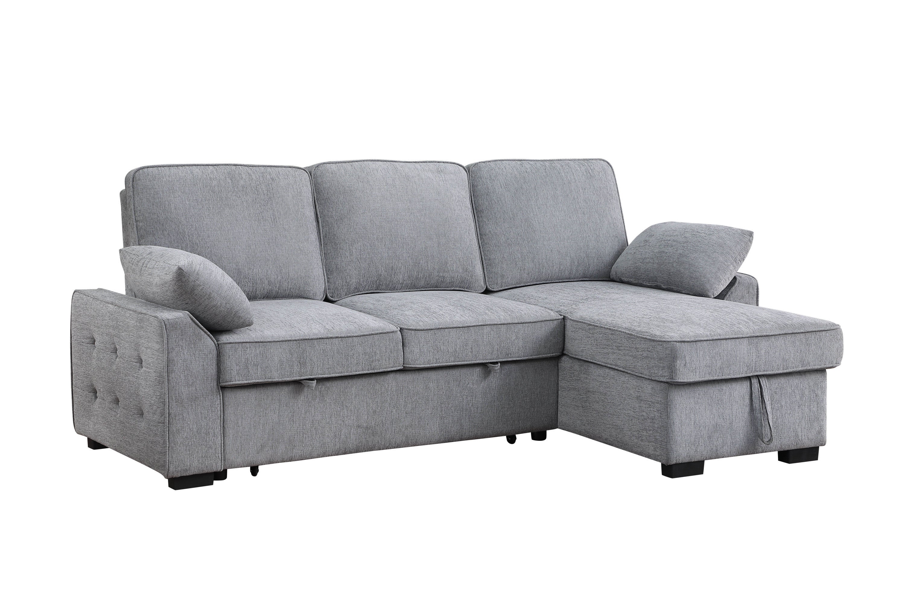 Mackenzie Light  Gray Chenille Fabric Reversible Sleeper Sectional with Storage Chaise, Drop-Down Table, Cup Holders and Charging Ports