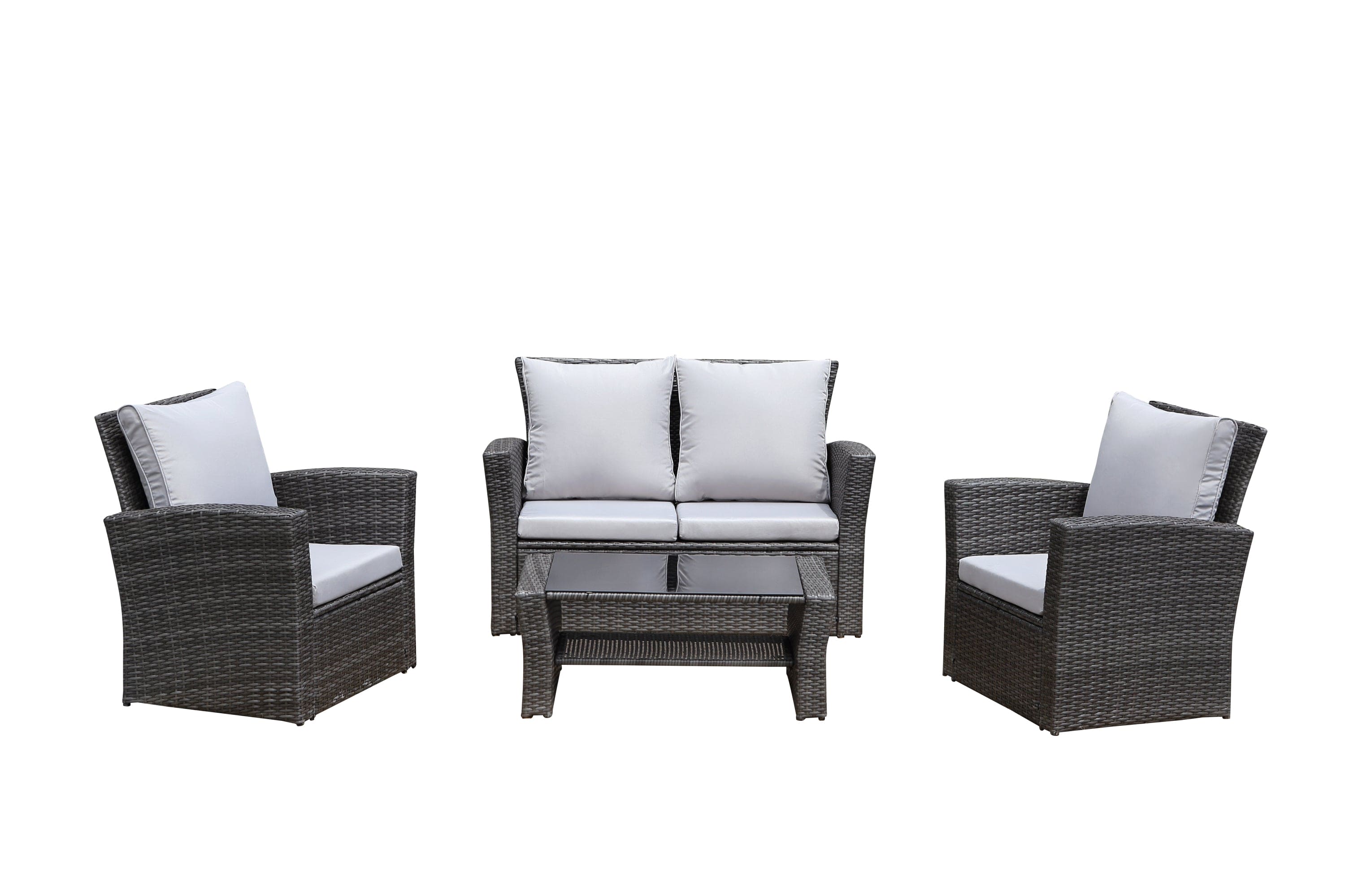 4-Pieces PE Rattan Wicker Outdoor Patio Furniture Set with Grey Cushions