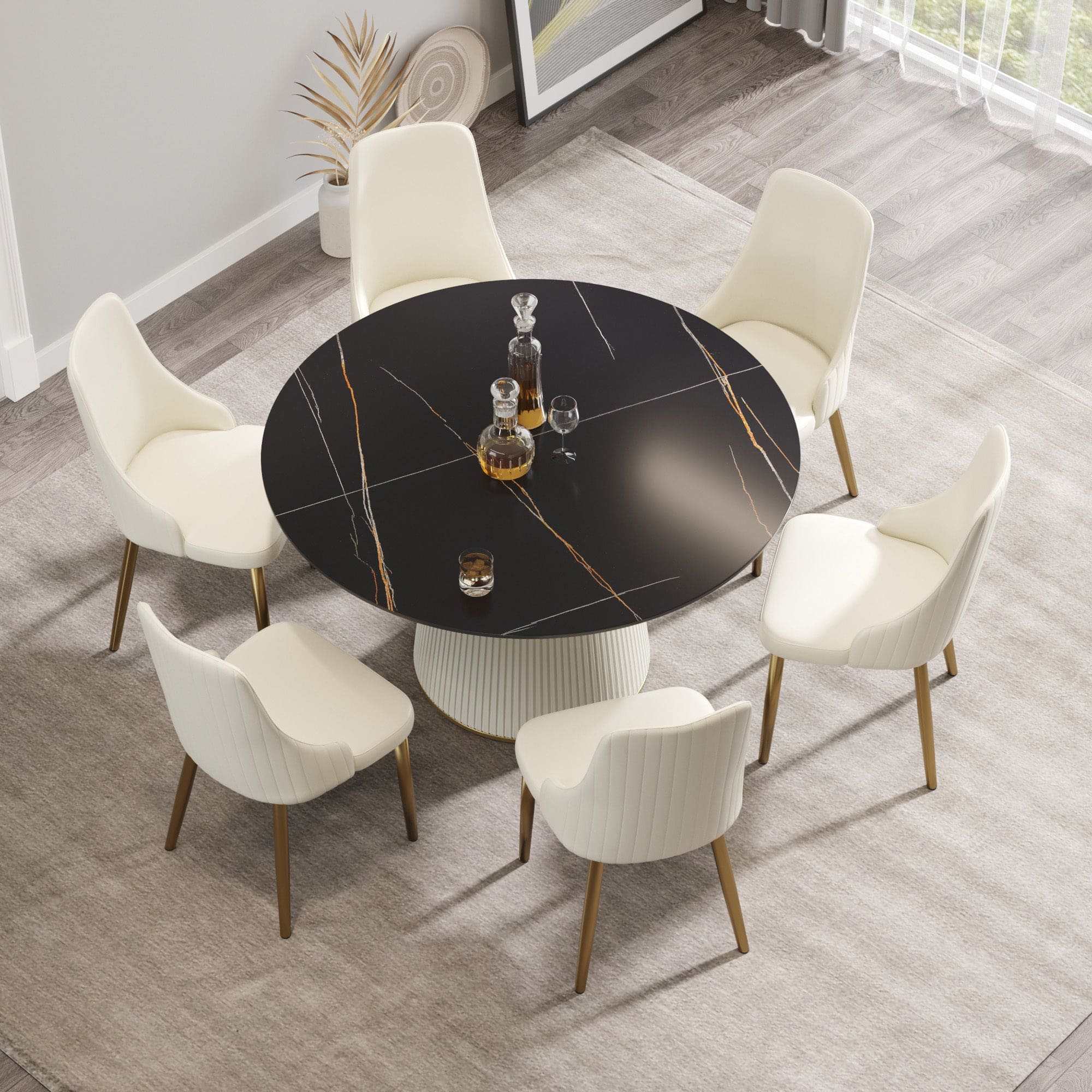 53.15 "Modern black artificial stone round beige plywood PU base dining table-can accommodate 6 people. (Not including chairs. )