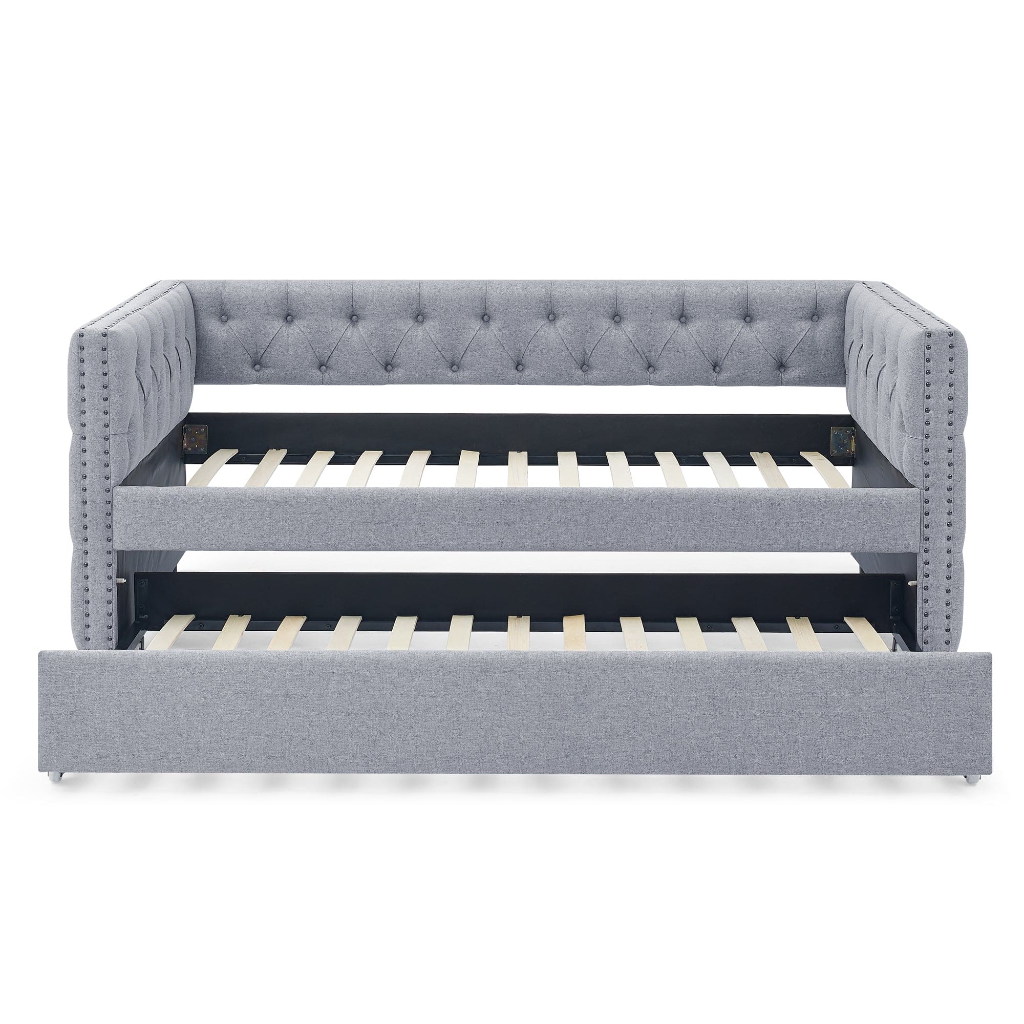 Daybed with Trundle Upholstered Tufted Sofa Bed, with Button and Copper Nail on Square Arms,both Twin Size,Grey(85"x42.5"x31.5")(Old SKU W487S00045)