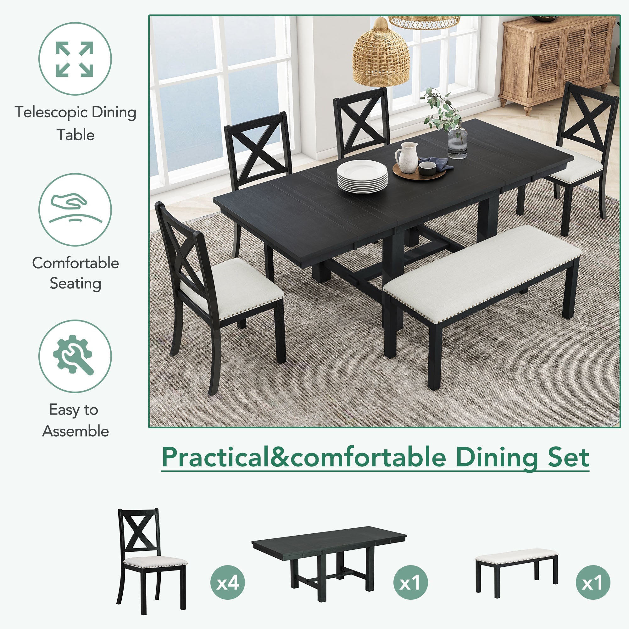 TOPMAX Farmhouse 82inch 6-Piece Extendable Dining Table with Footrest, 4 Upholstered Dining Chairs and Dining Bench, Two 11"Removable Leaf, Black+Beige Cushion