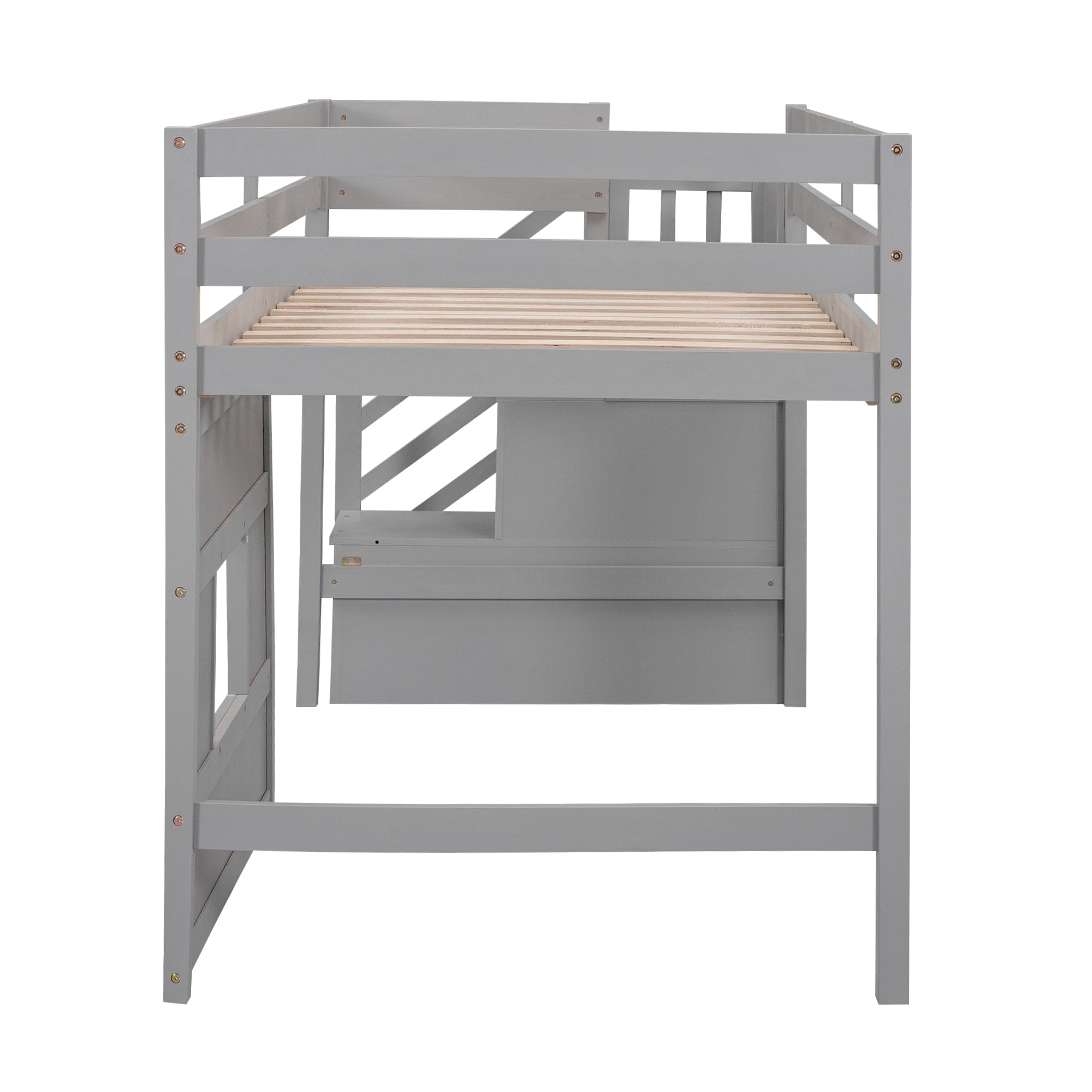 Twin Size Loft Bed with Storage Staircase and Window, Gray