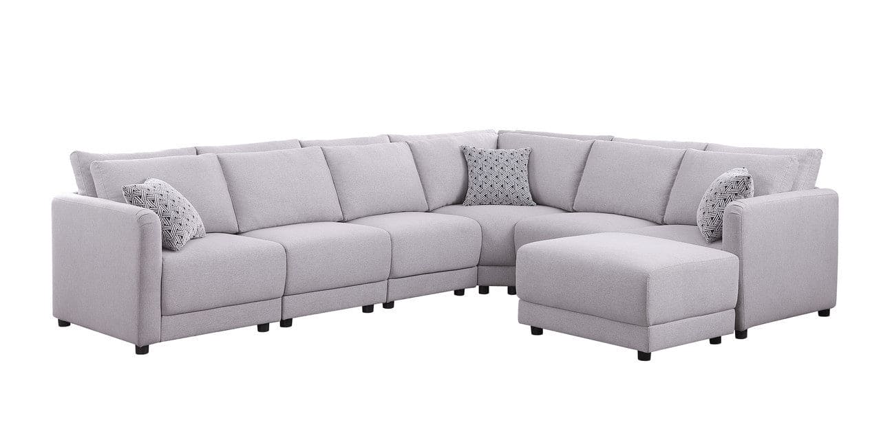 Penelope Light Gray Linen Fabric Reversible 7PC Modular Sectional Sofa with Ottoman and Pillows