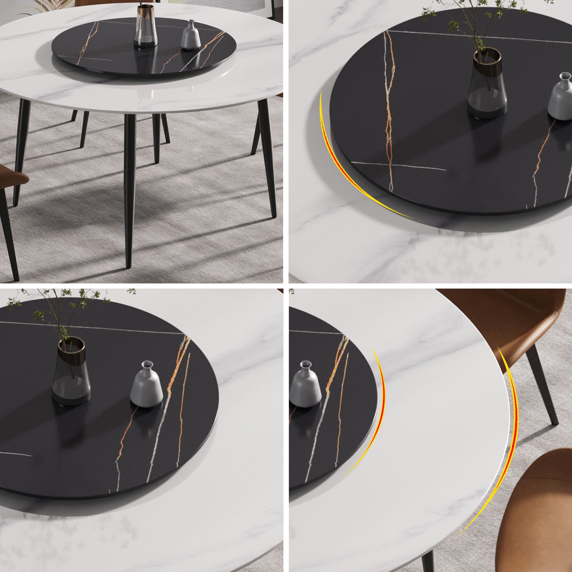 59.05"Modern artificial stone round black metal dining table-can accommodate 6 people-31.5"black artificial stone turntable