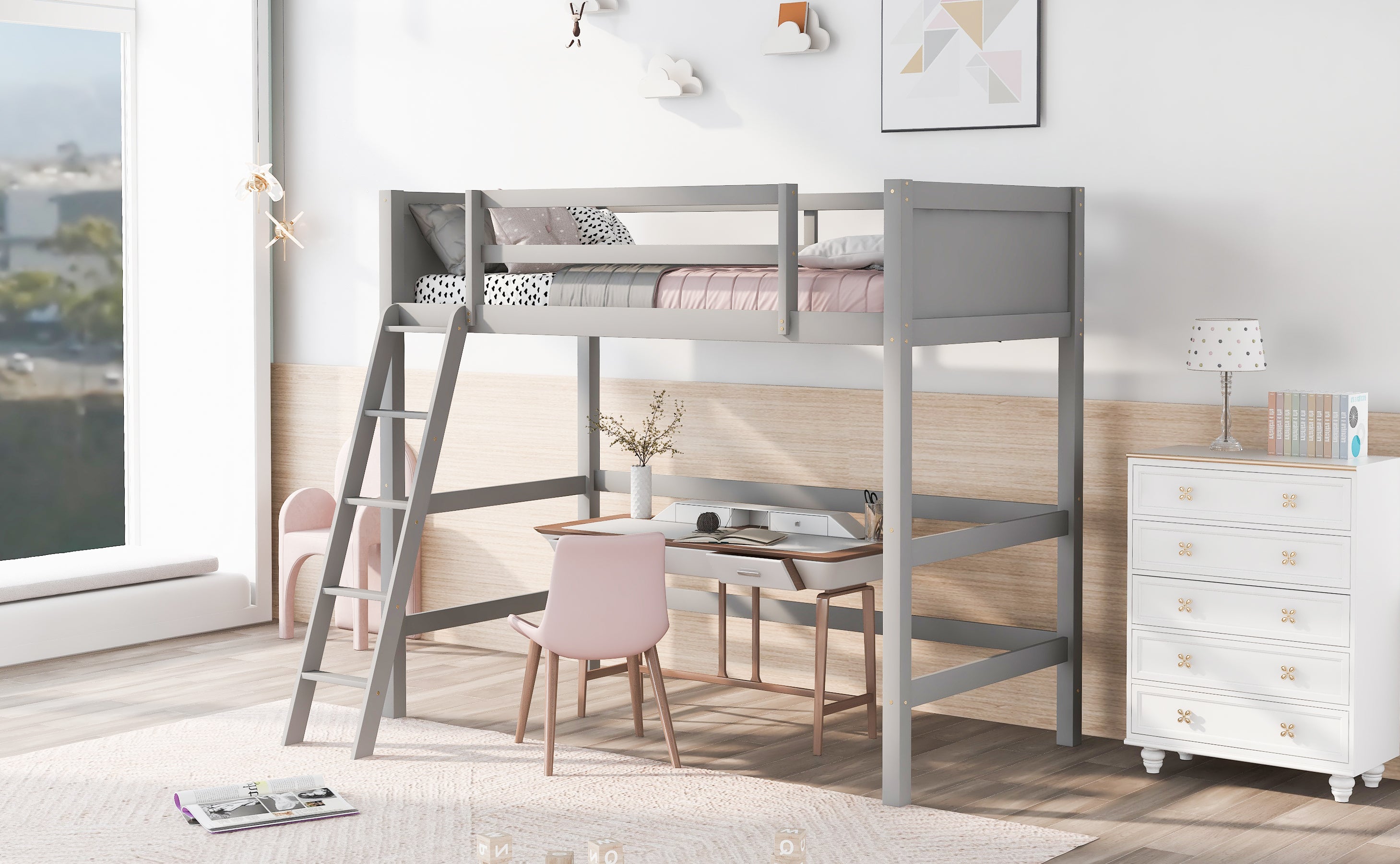 Solid Wood Twin Size Loft Bed with Ladder(Gray)(OLD SKU: WF191903AAE)