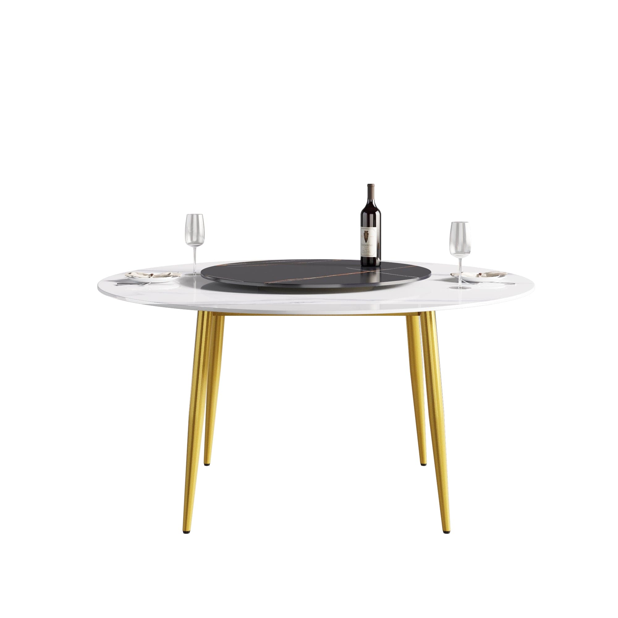 59.05"Modern artificial stone round golden metal dining table-can accommodate 6 people-31.5"black artificial stone turntable