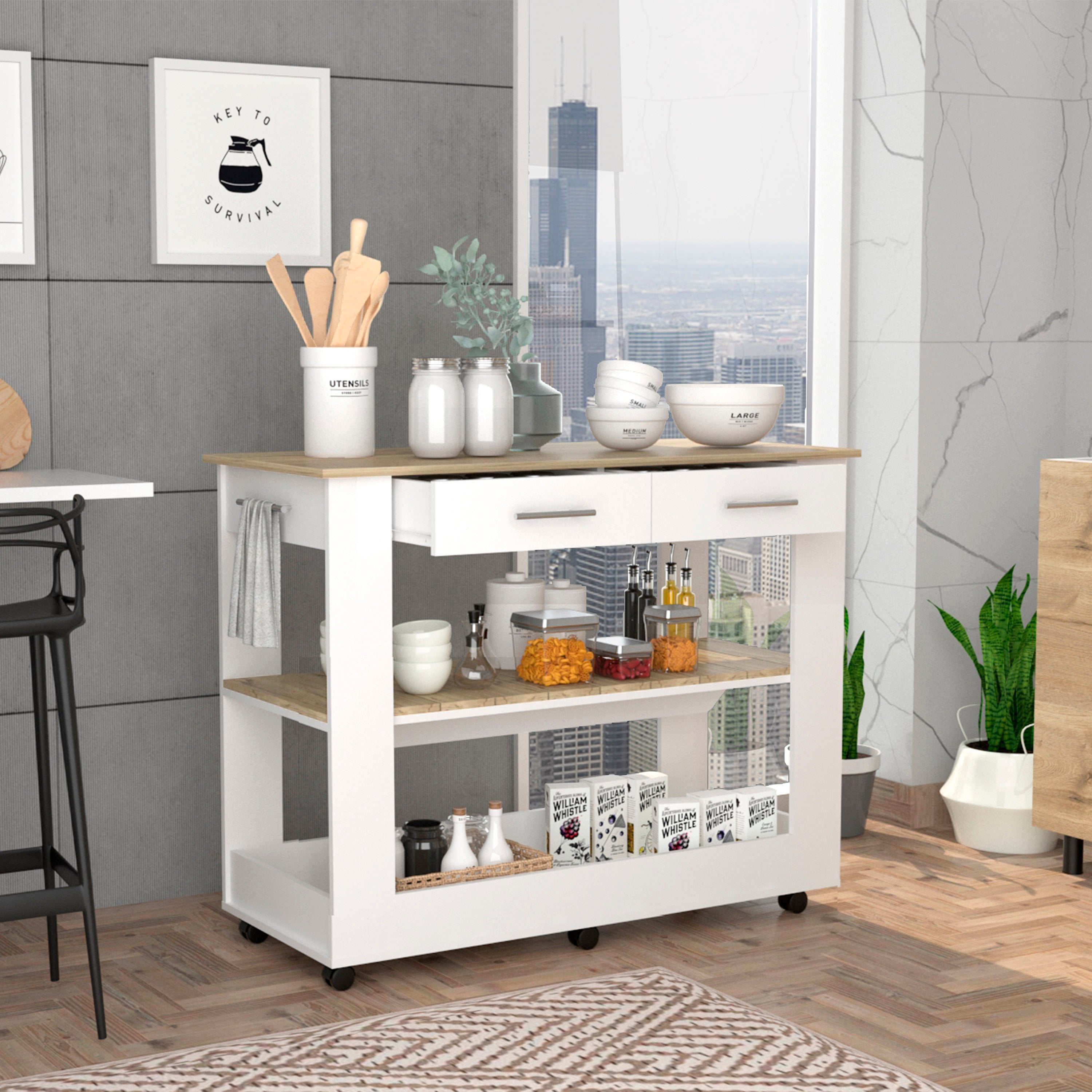 Cala Kitchen Island 46,  Six Casters, Two Drawers, Lower Open Shelf  -White / Light Oak