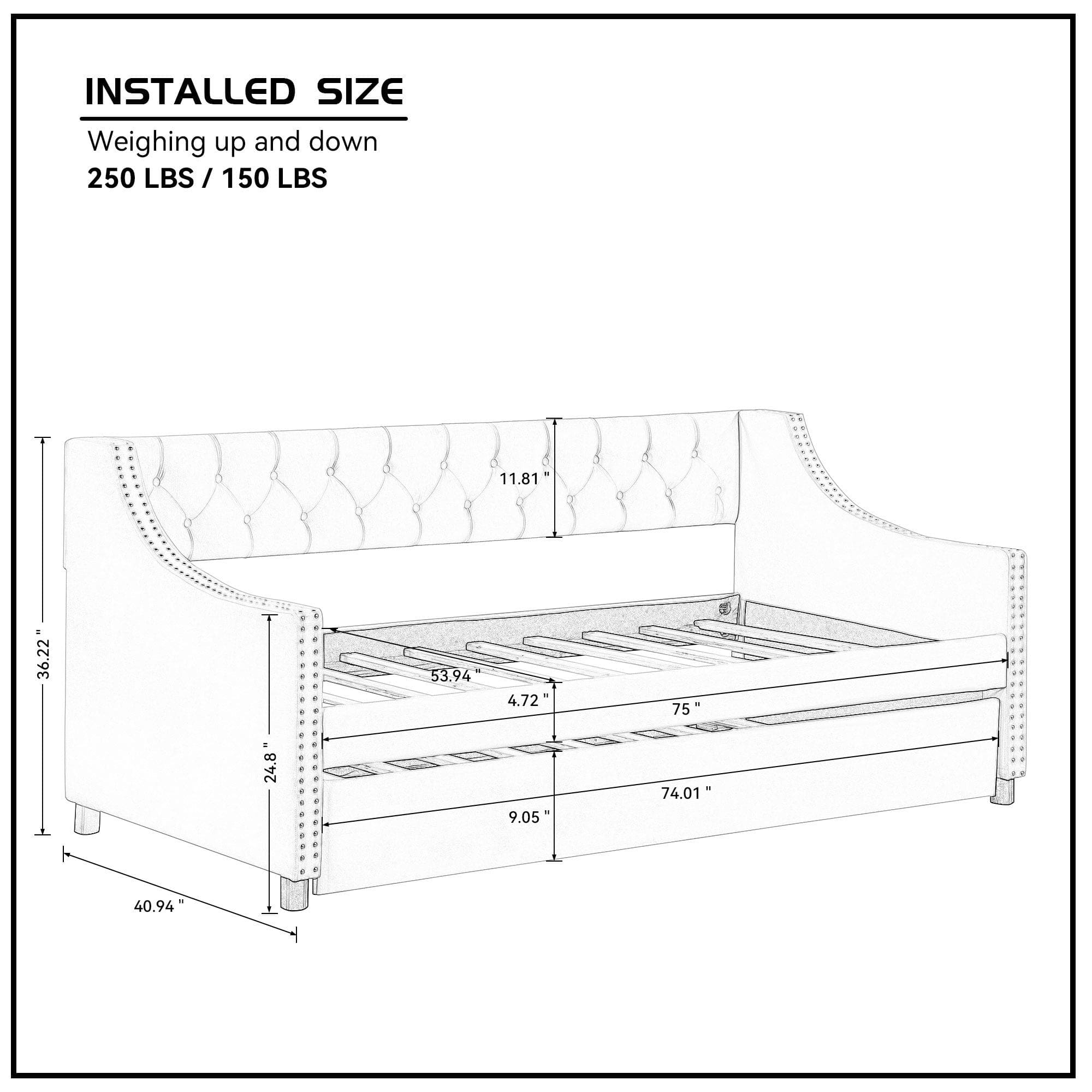 Upholstered Daybed with Trundle, Twin Size Frame, Beige Velvet