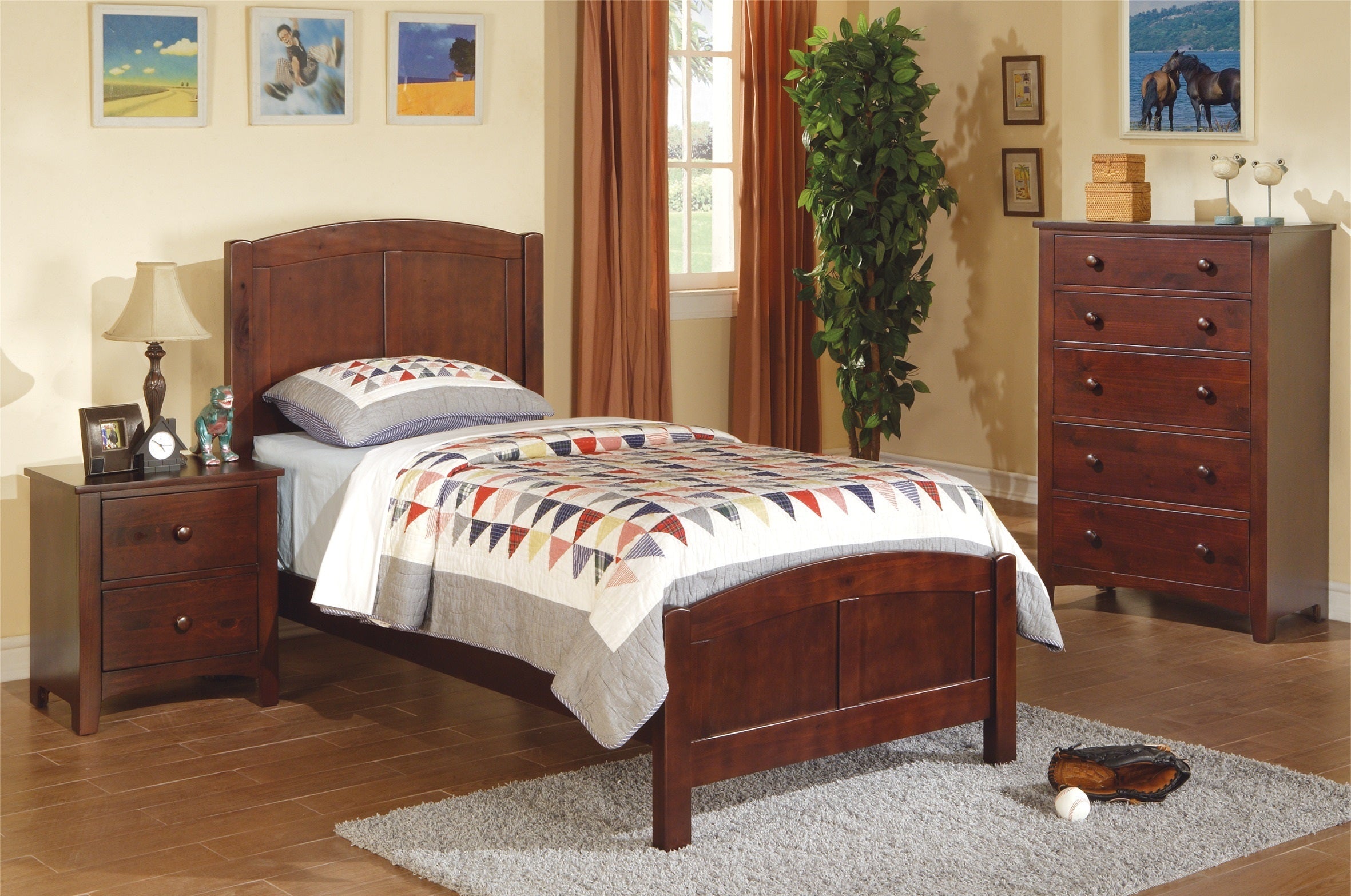 Dark Oak Finish Twin Size Bed Youth Bedroom Furniture Unique Headboard Footboard Rubberwood