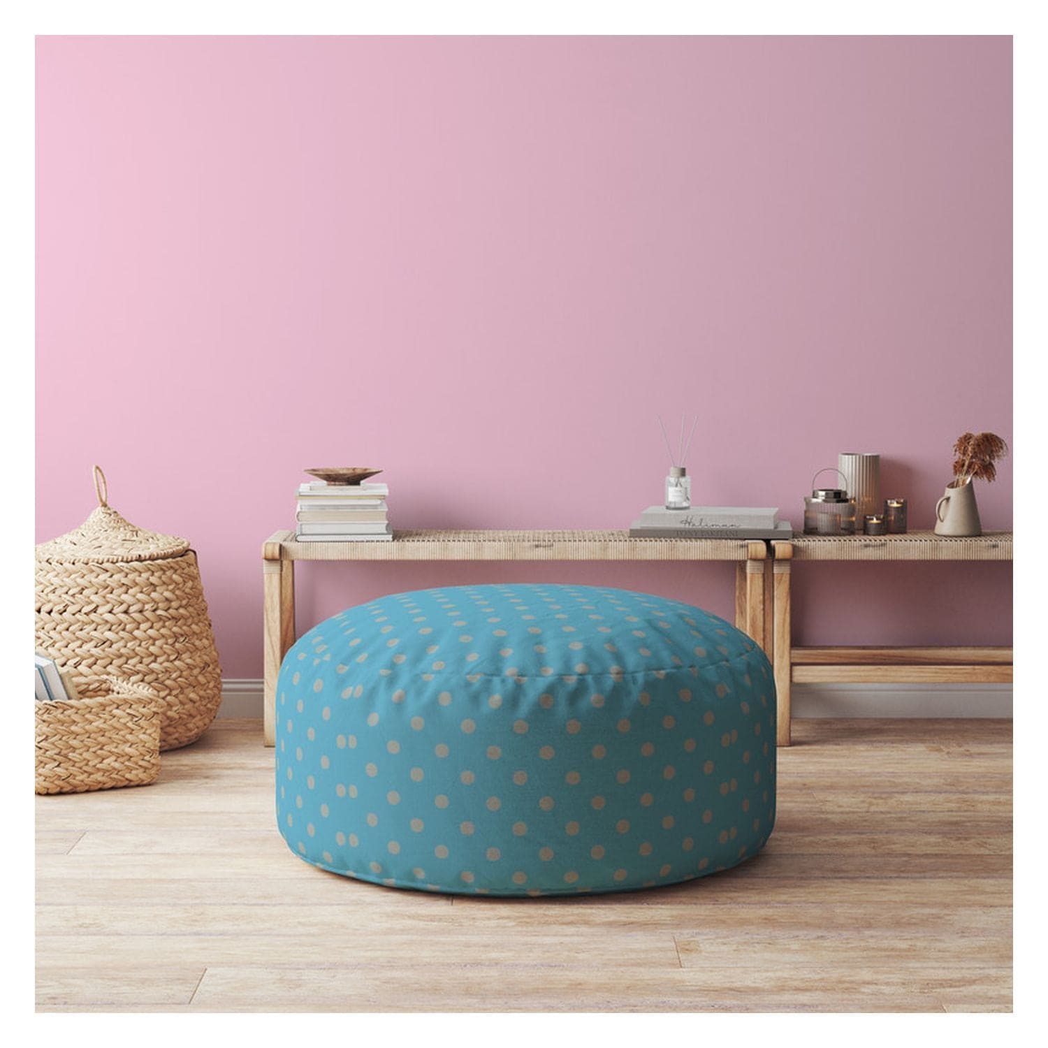 Indoor RETRO POLKA Bright Sky Blue Round Zipper Pouf - Cover Only - 24in dia x 20in tall