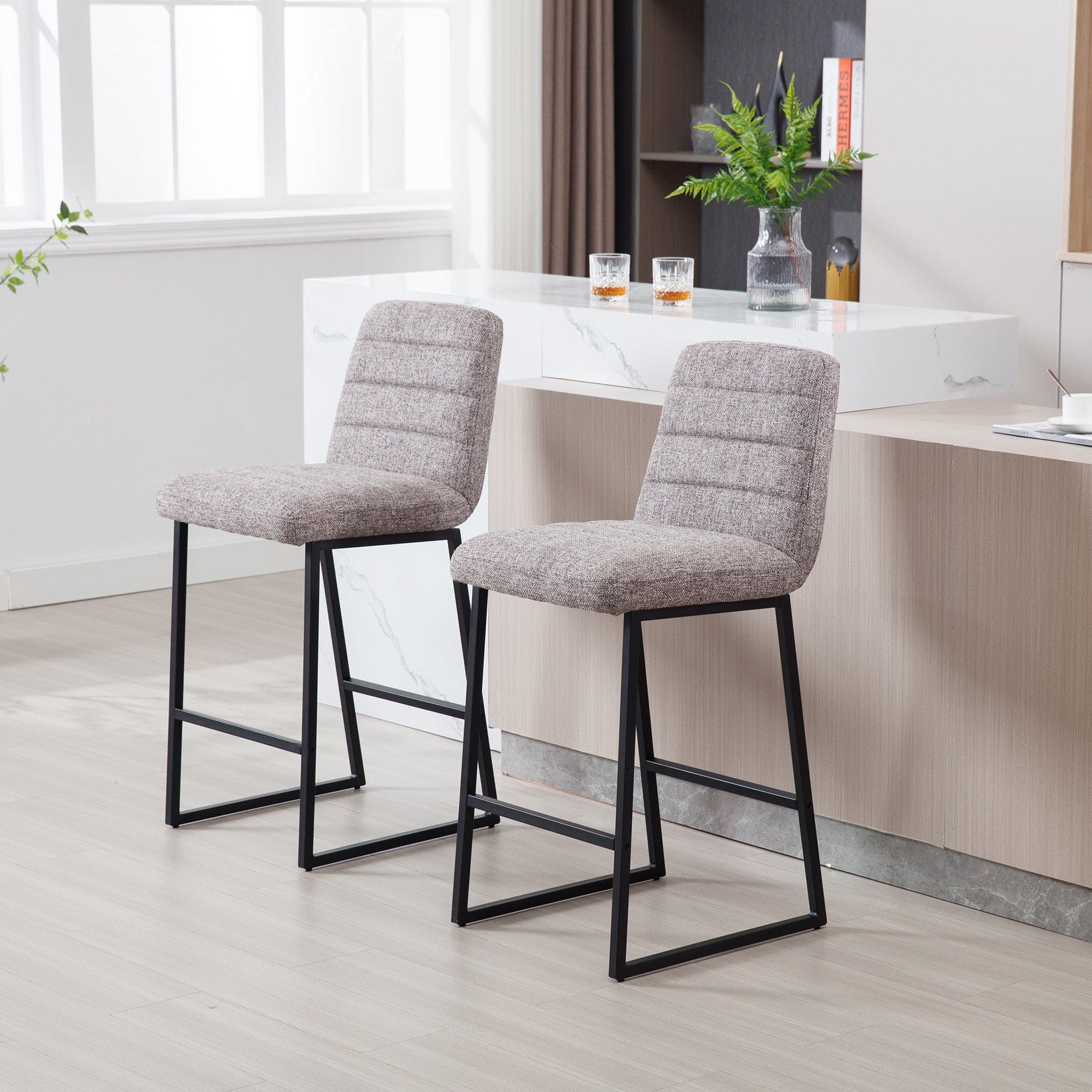 Low Bar Stools Set of 2 Bar Chairs for Living Room Party Room Kitchen,Upholstered Linen Fabric Kitchen Breakfast Bar Stools with Footrest,Coffee