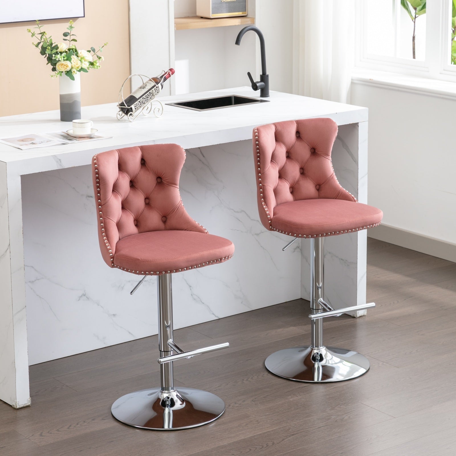 Swivel Velvet Barstools Pink Set of 2